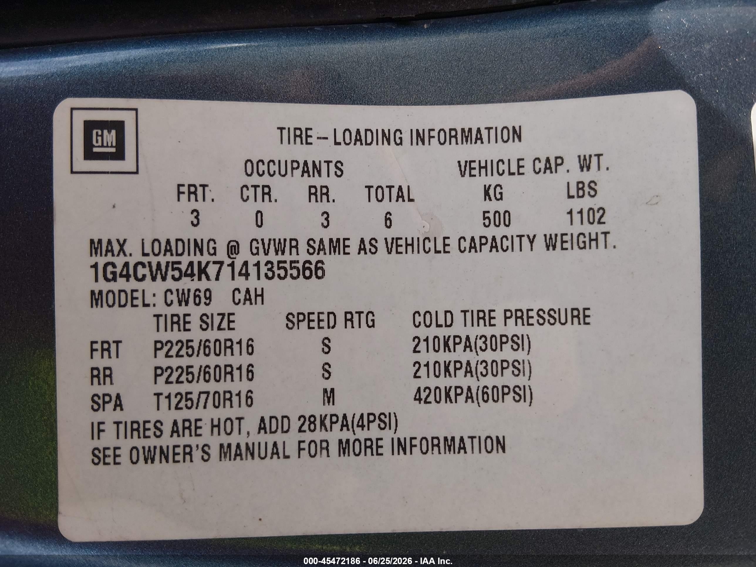 2001 Buick Park Avenue   Light Blue vin: 1G4CW54K714135566