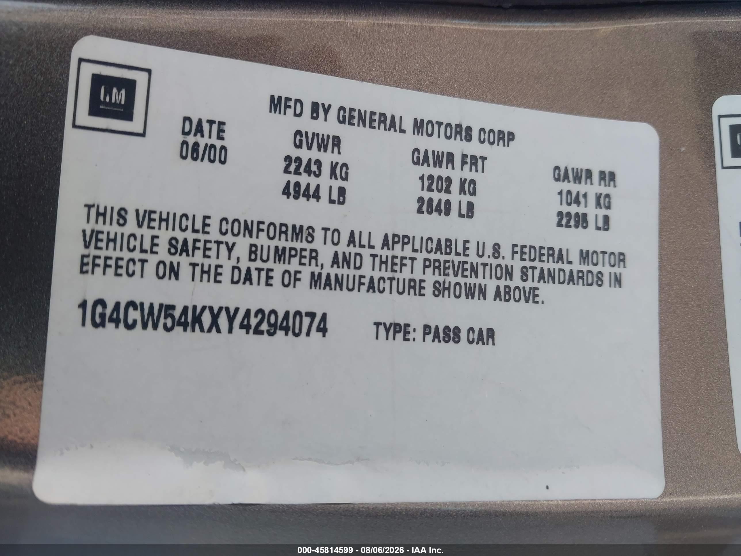 2000 Buick Park Avenue Gray vin: 1G4CW54KXY4294074