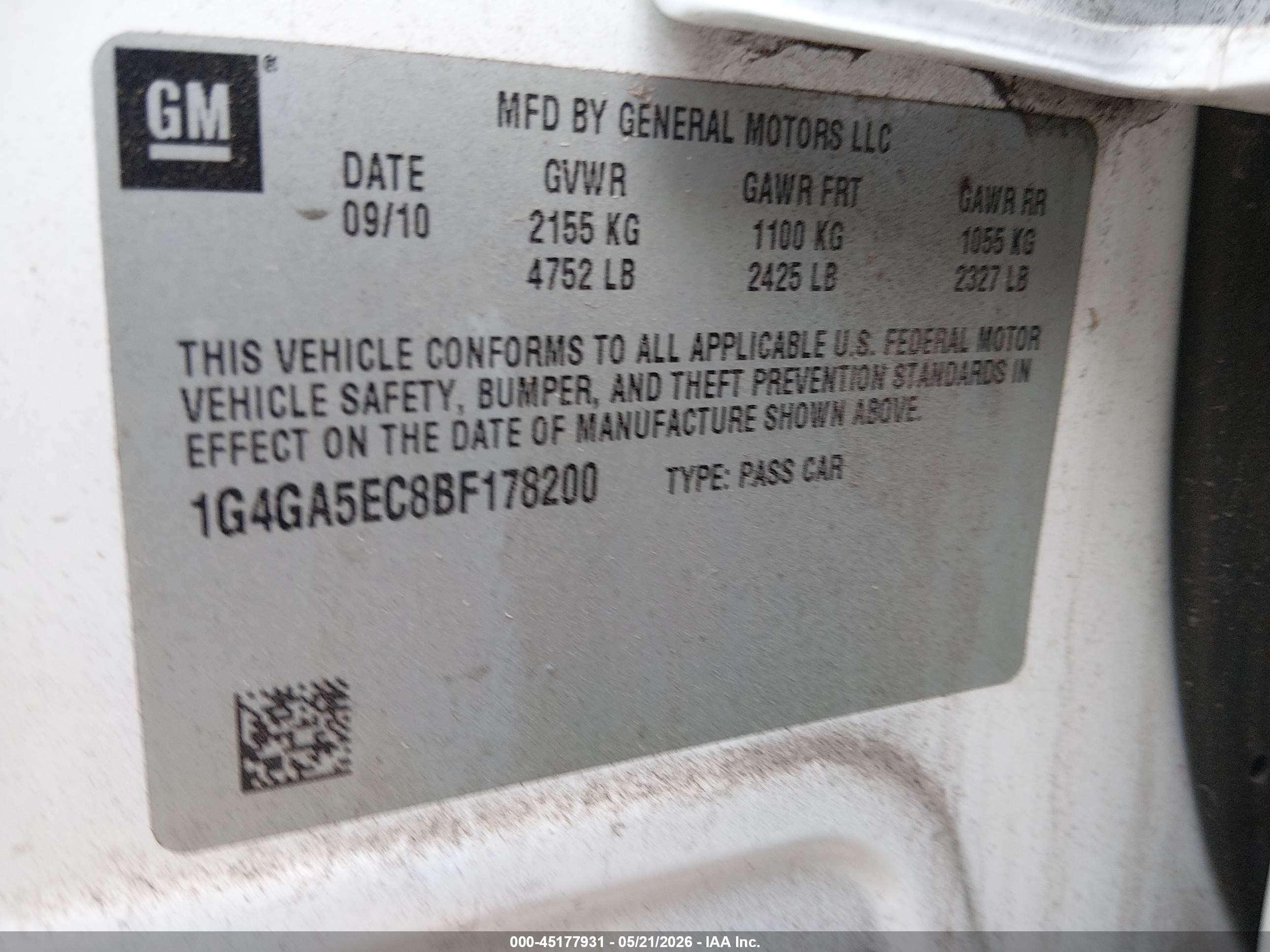 2011 Buick Lacrosse Cx White vin: 1G4GA5EC8BF178200