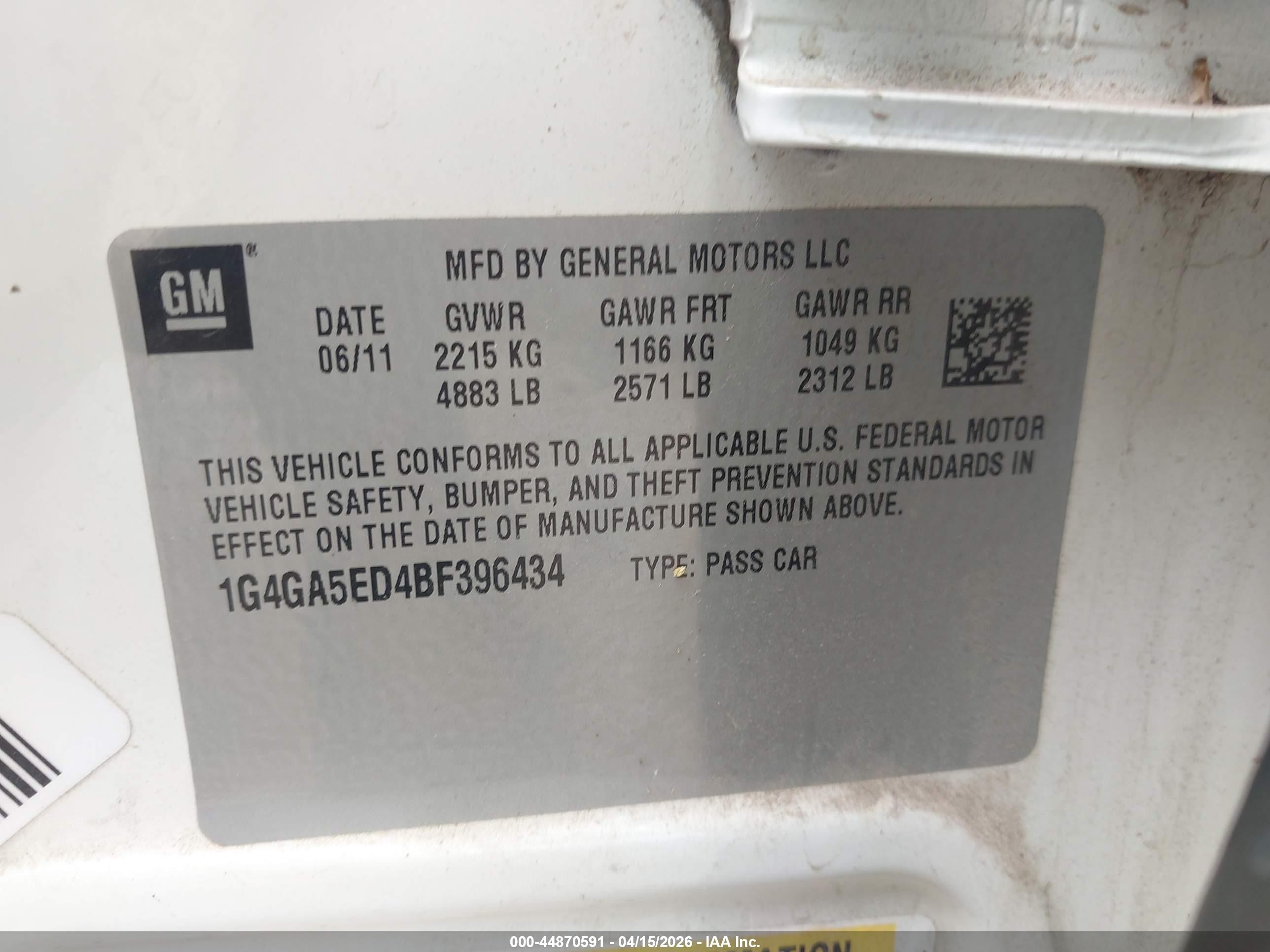 2011 Buick Lacrosse Cx White vin: 1G4GA5ED4BF396434