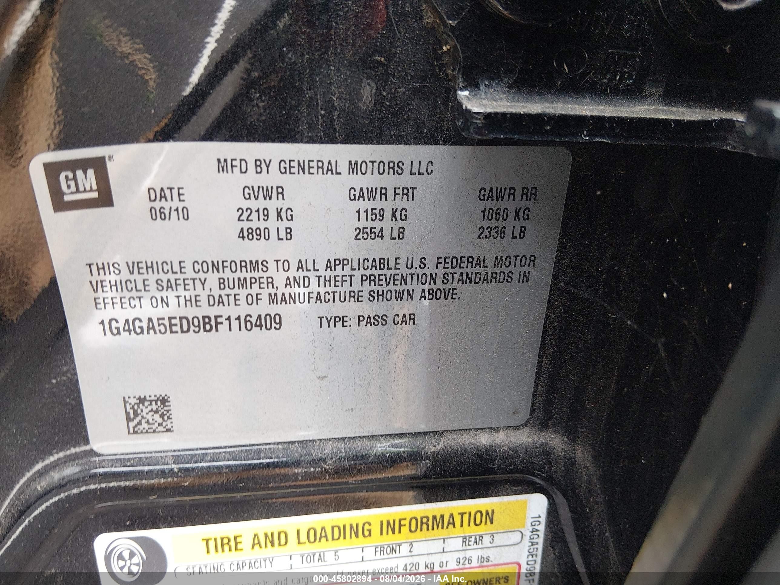 2011 Buick Lacrosse Cx Black vin: 1G4GA5ED9BF116409