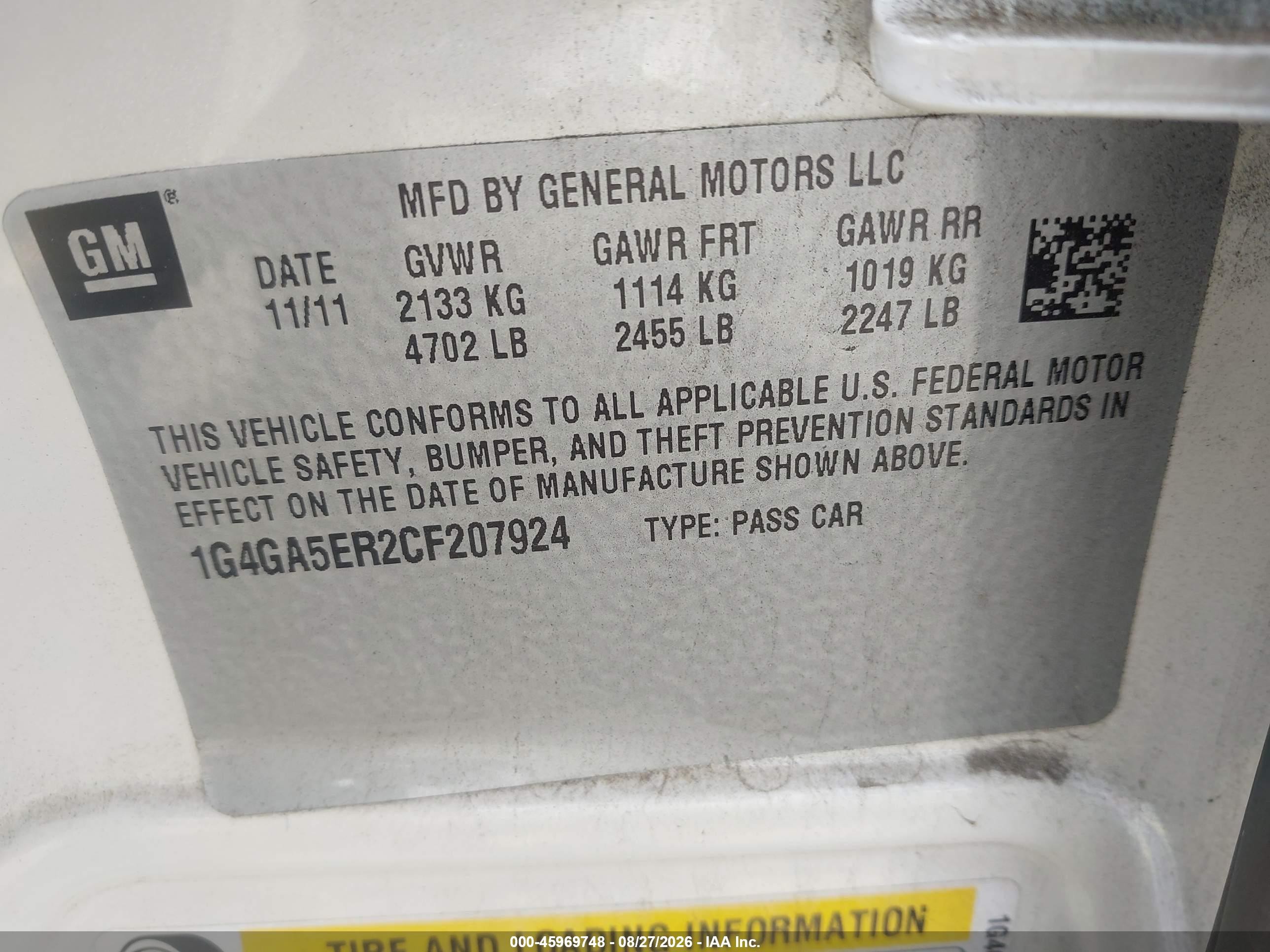 2012 Buick Lacrosse White vin: 1G4GA5ER2CF207924