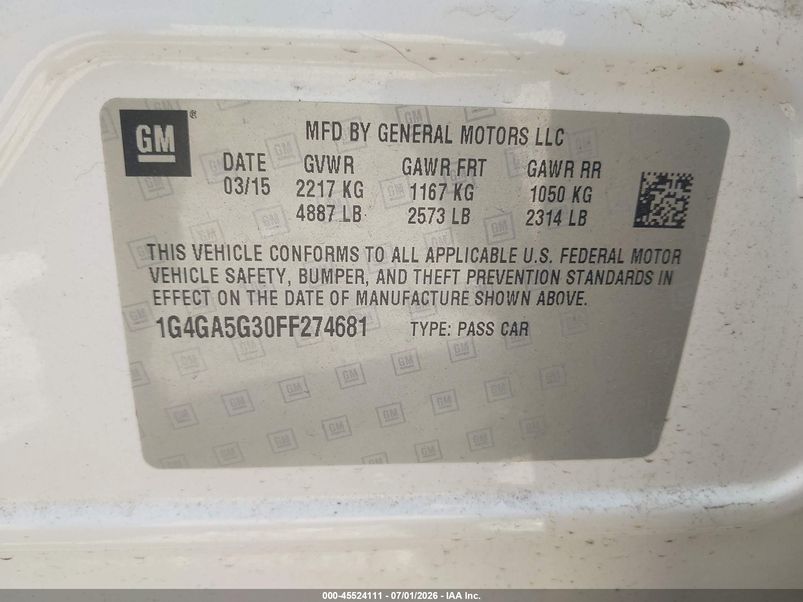 2015 Buick Lacrosse   White vin: 1G4GA5G30FF274681