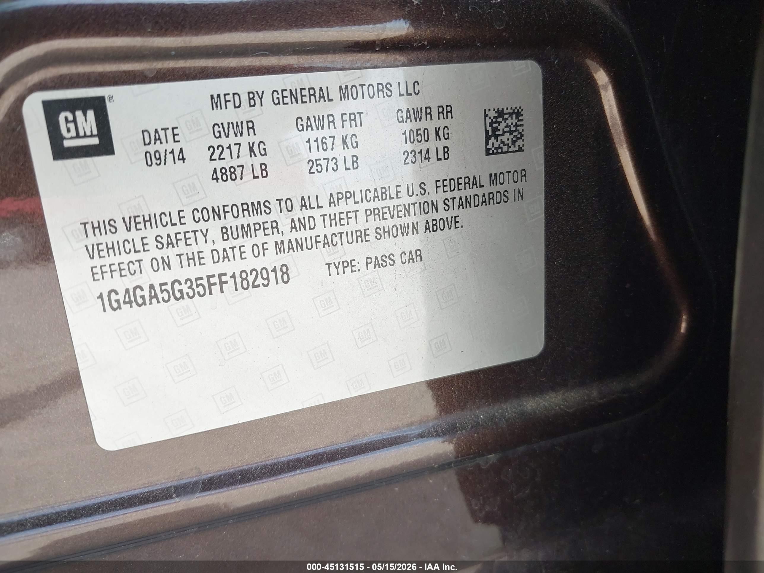 2015 Buick Lacrosse   Brown vin: 1G4GA5G35FF182918