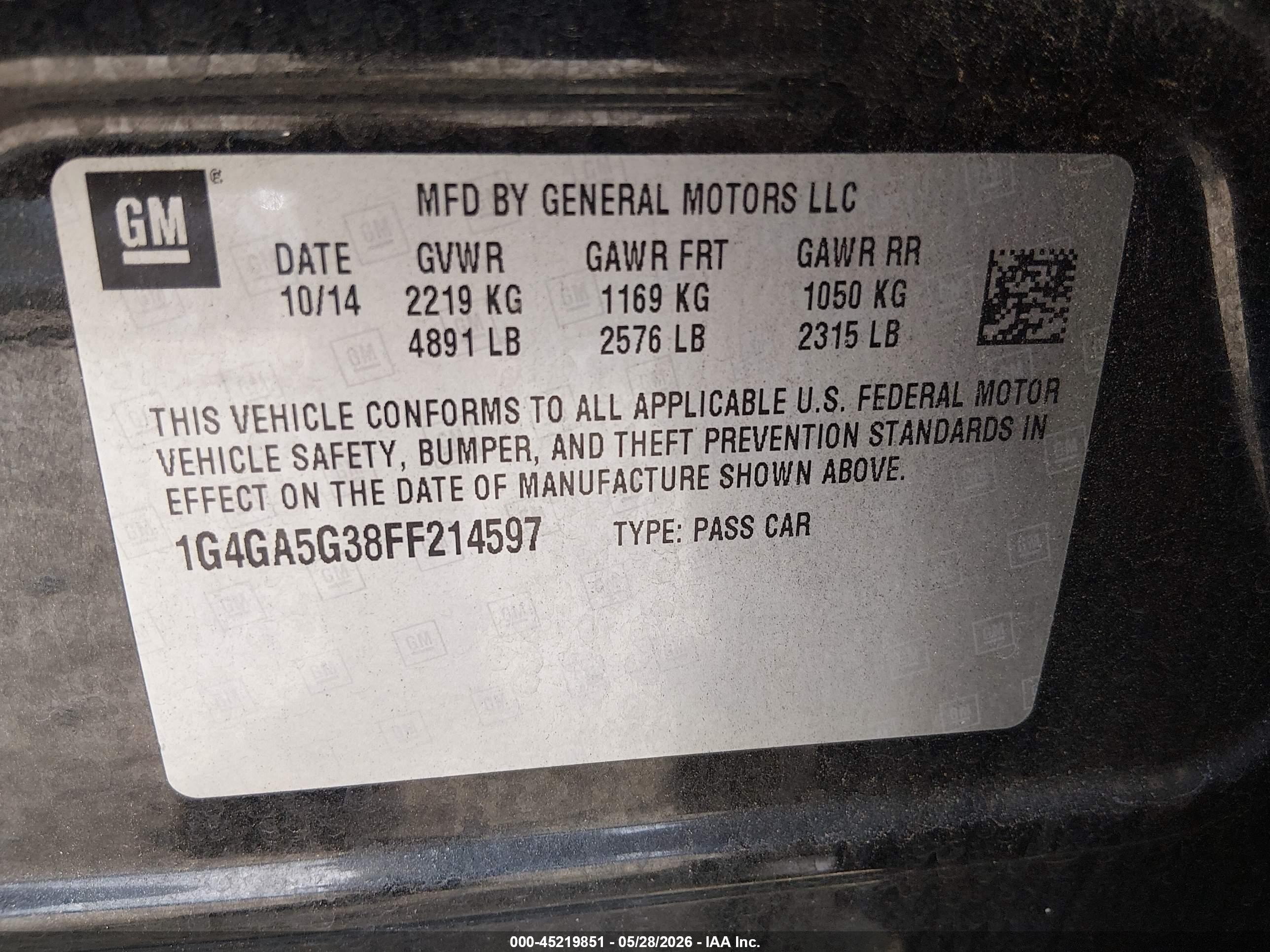 2015 Buick Lacrosse   Черный vin: 1G4GA5G38FF214597