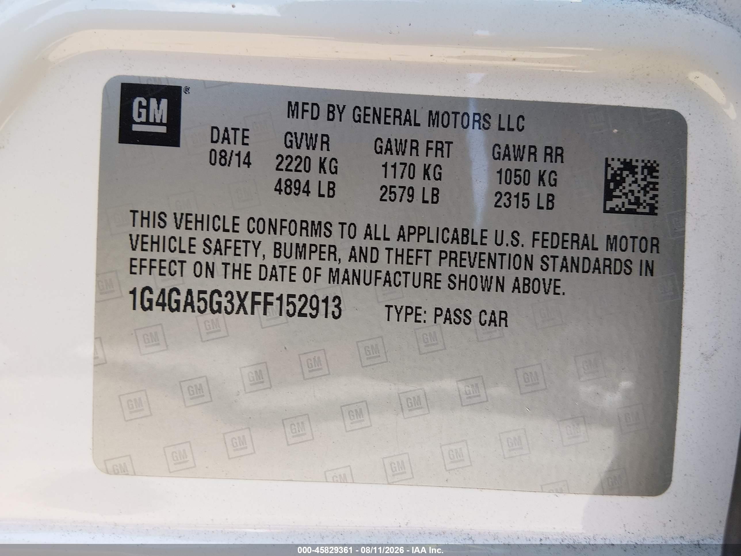 2015 Buick Lacrosse   White vin: 1G4GA5G3XFF152913