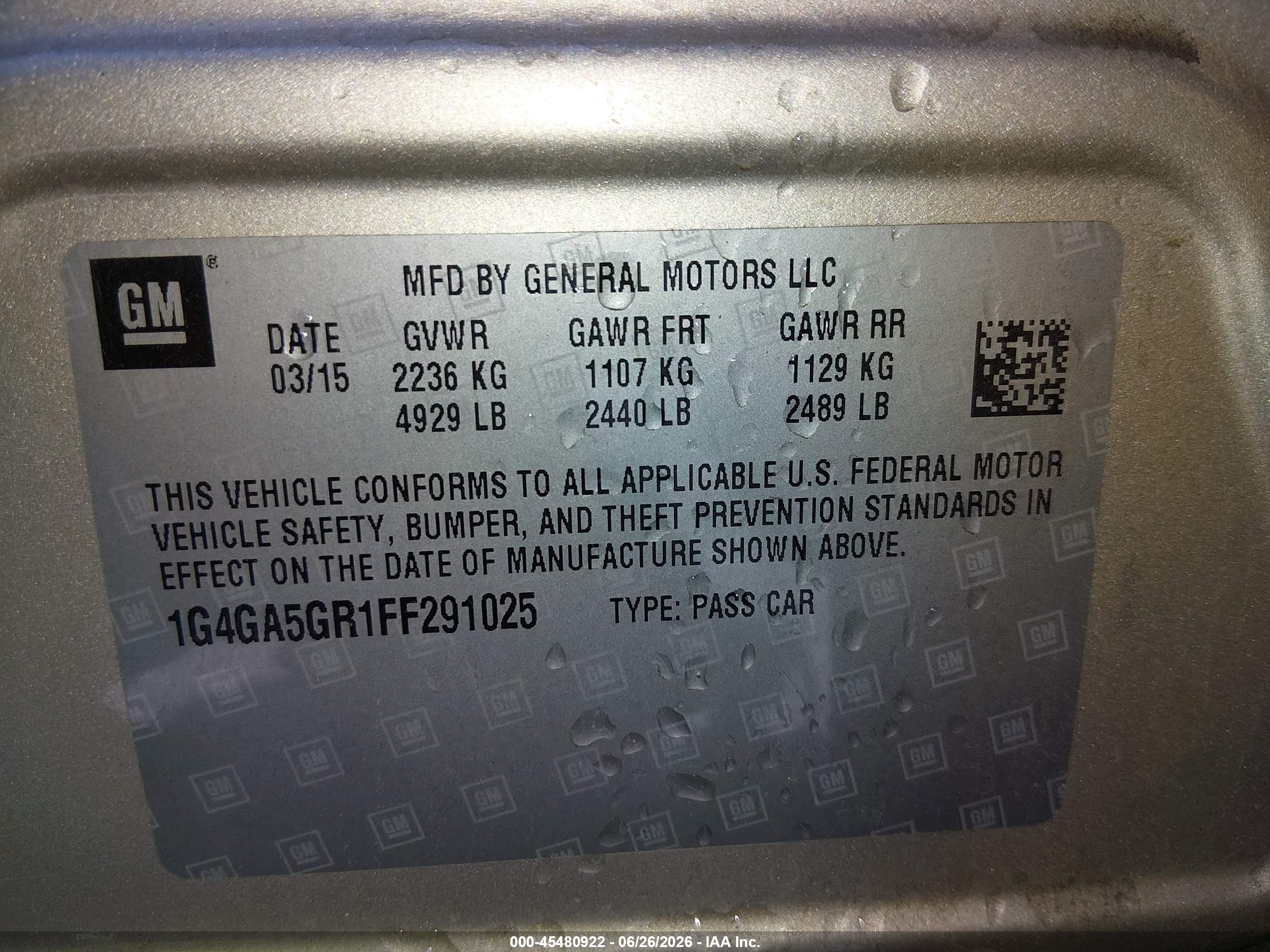 2015 Buick Lacrosse   Beige vin: 1G4GA5GR1FF291025