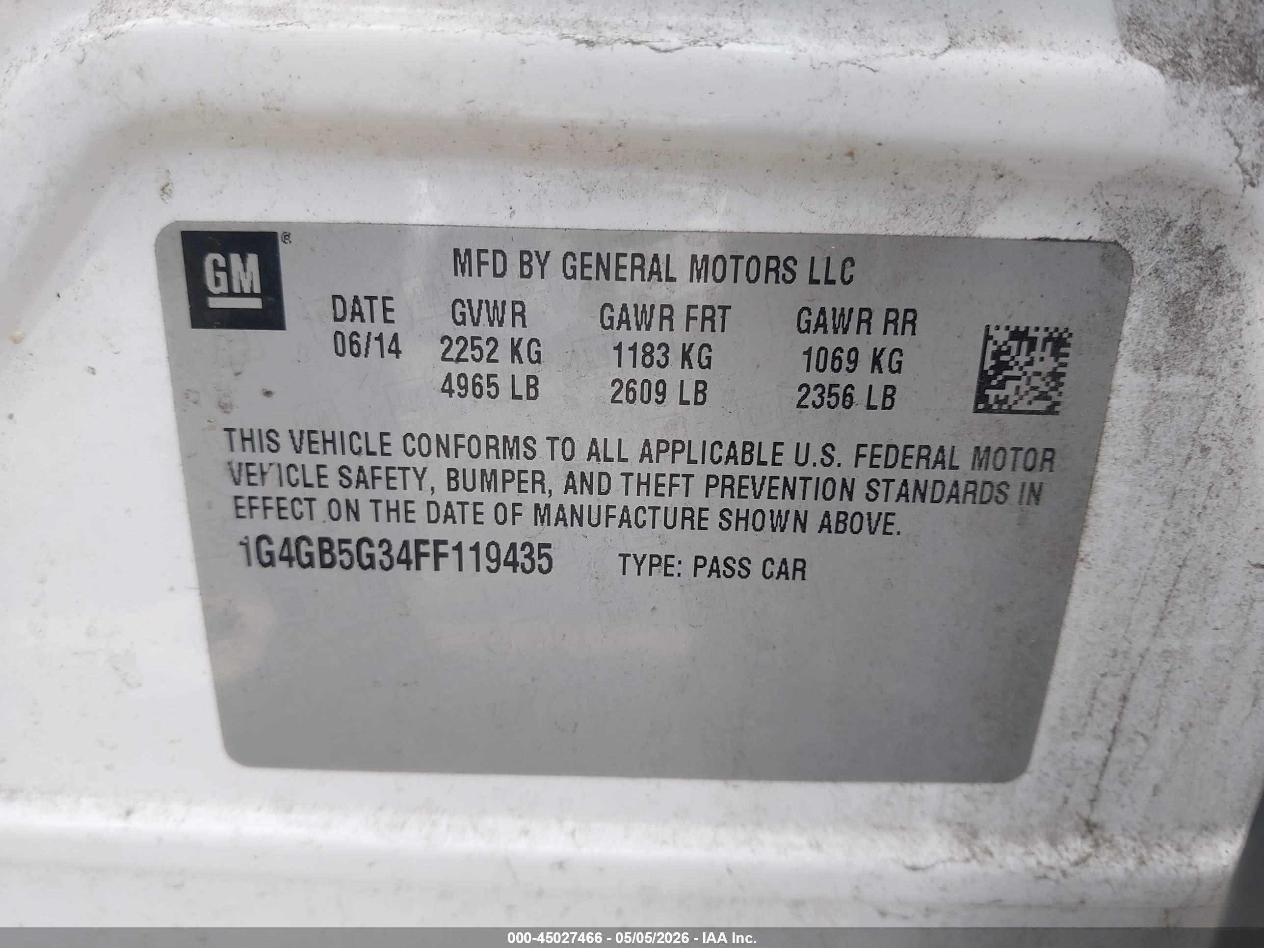 2015 Buick Lacrosse Leather White vin: 1G4GB5G34FF119435