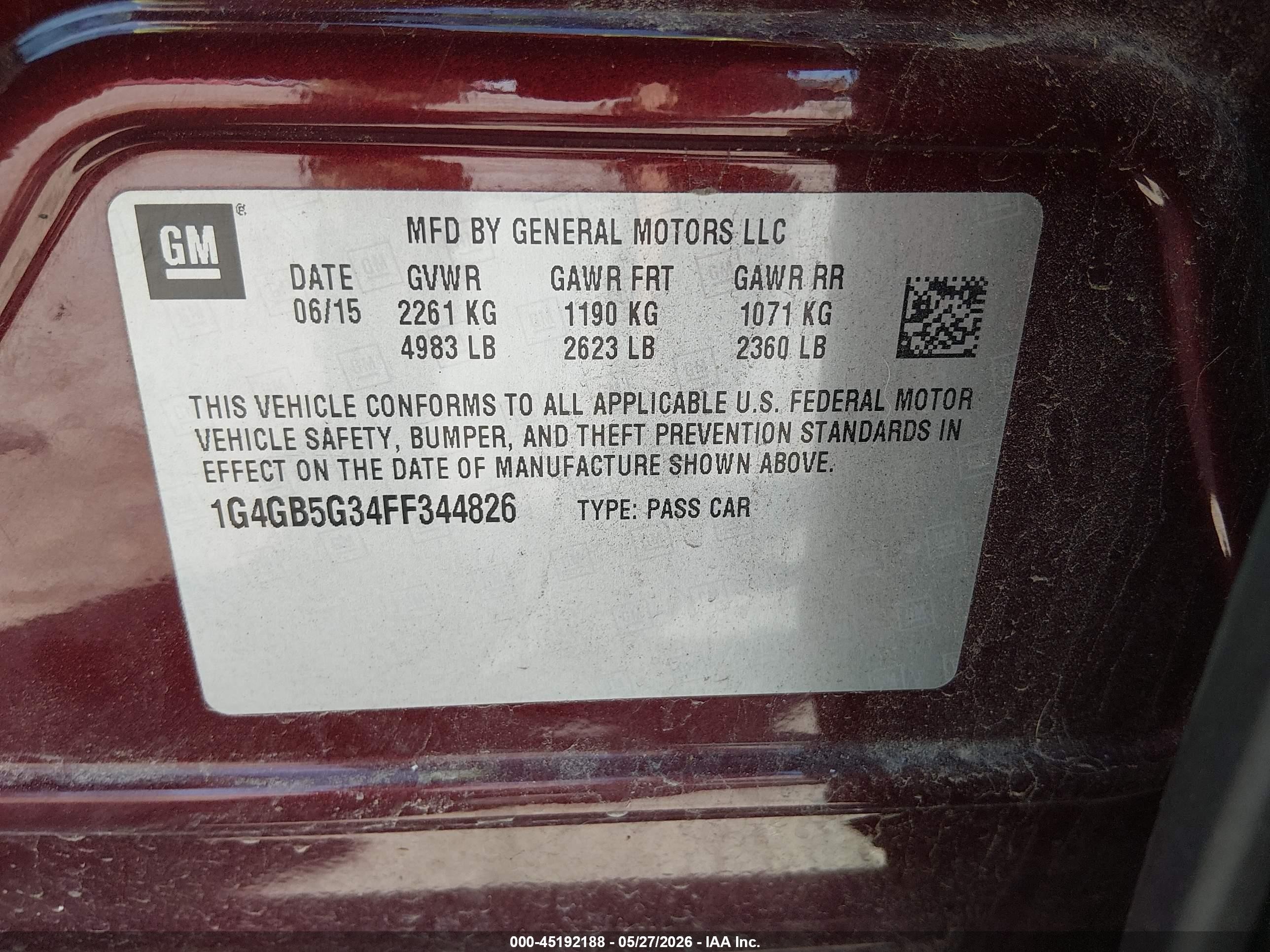 2015 Buick Lacrosse Leather Burgundy vin: 1G4GB5G34FF344826