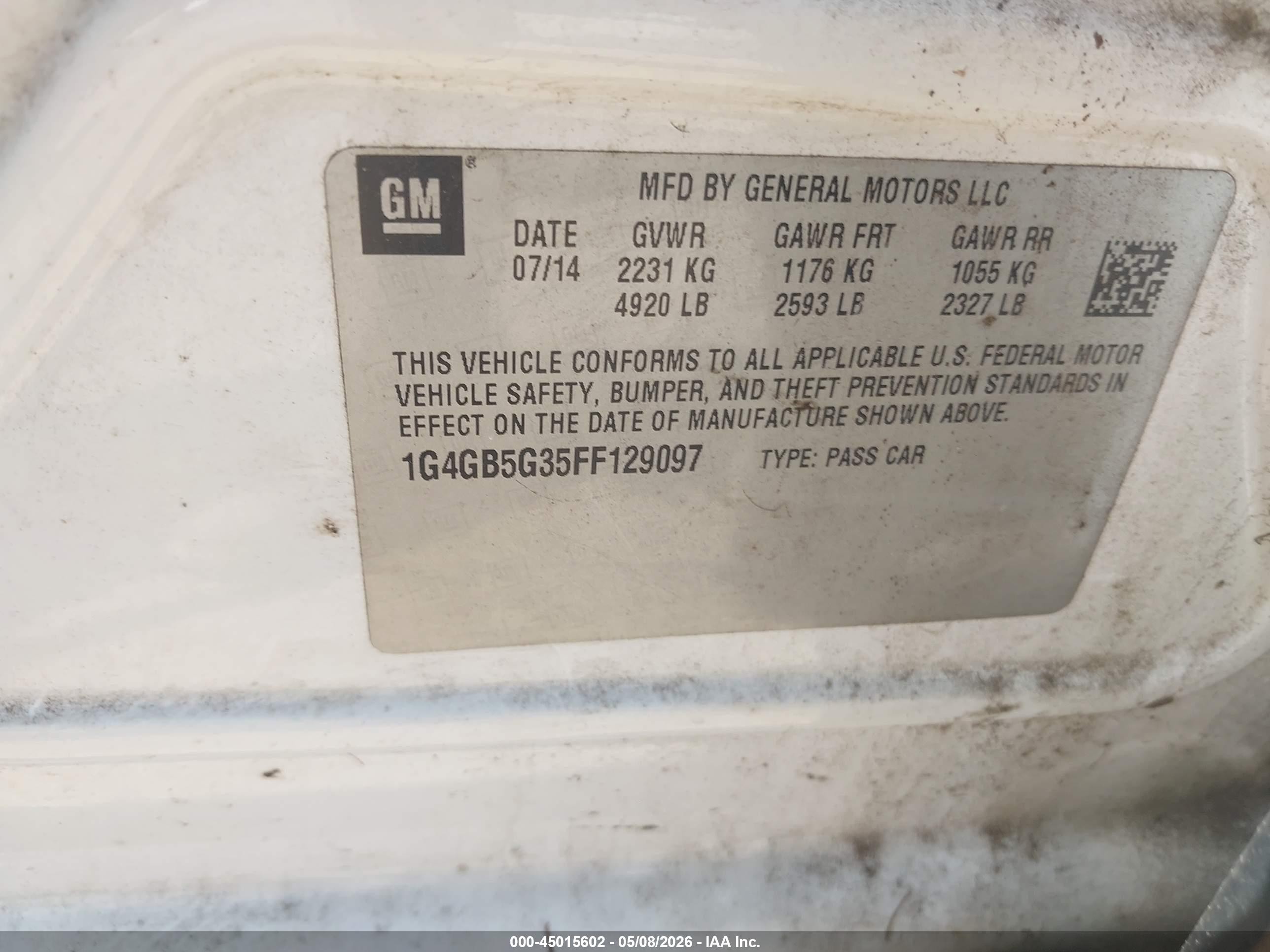 2015 Buick Lacrosse   White vin: 1G4GB5G35FF129097