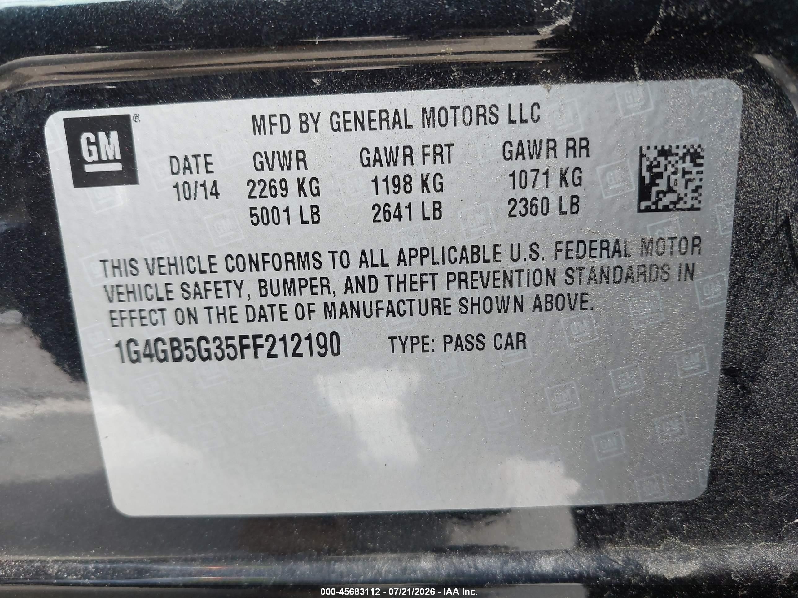 2015 Buick Lacrosse Leather Black vin: 1G4GB5G35FF212190