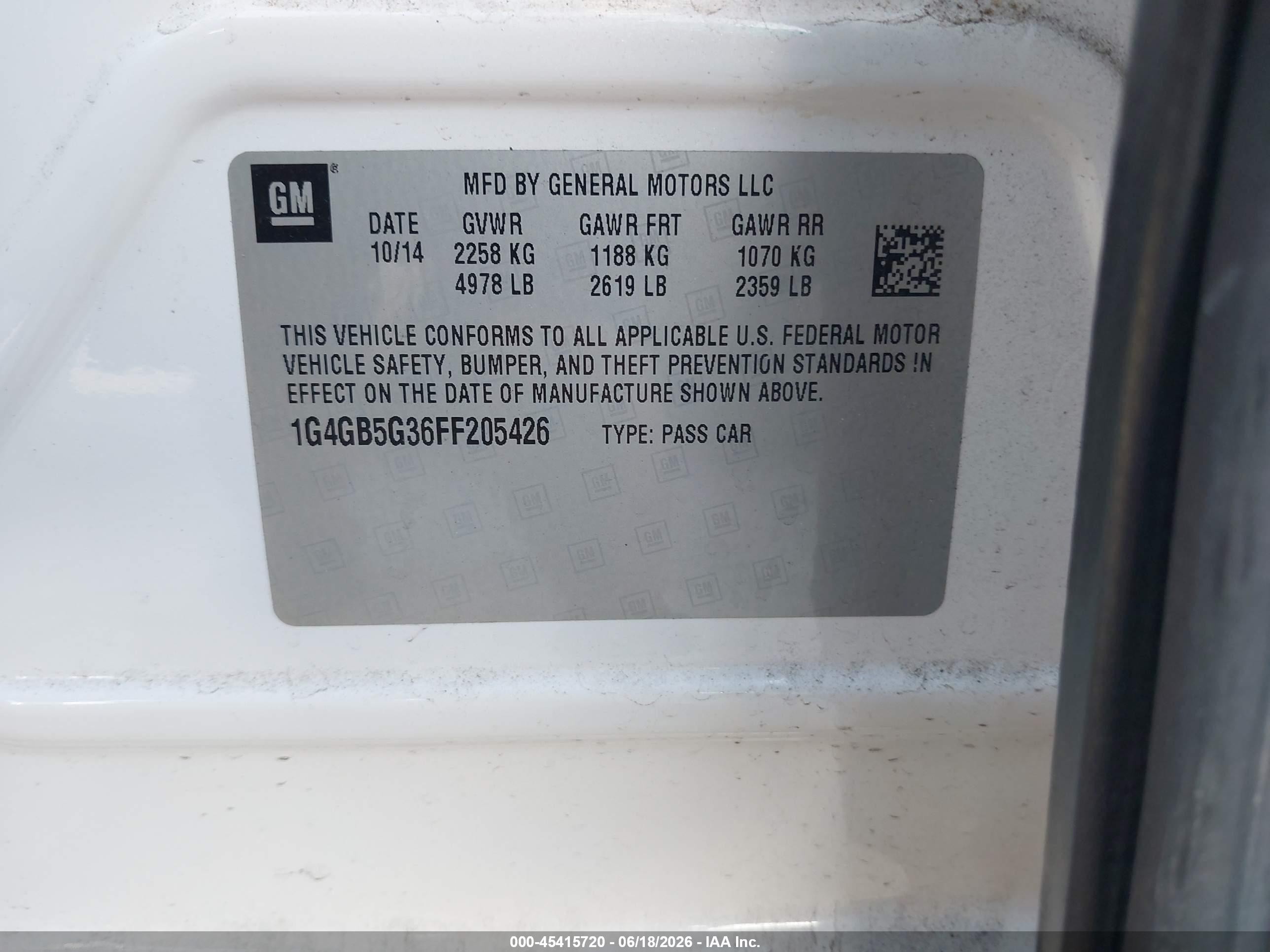 2015 Buick Lacrosse Leather White vin: 1G4GB5G36FF205426