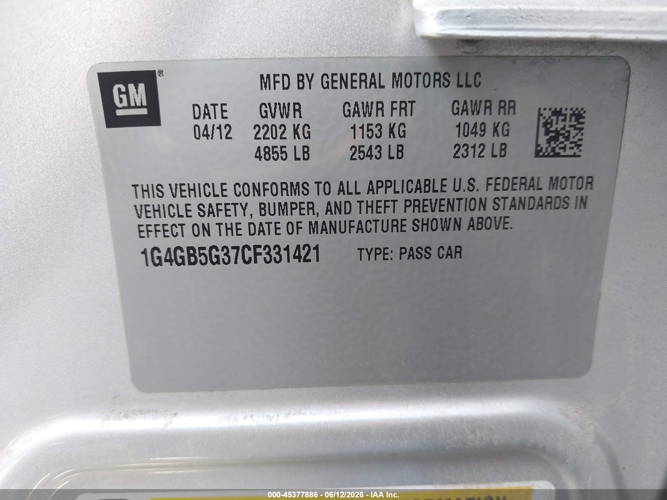 2012 Buick Lacrosse Convenience Group Silver vin: 1G4GB5G37CF331421