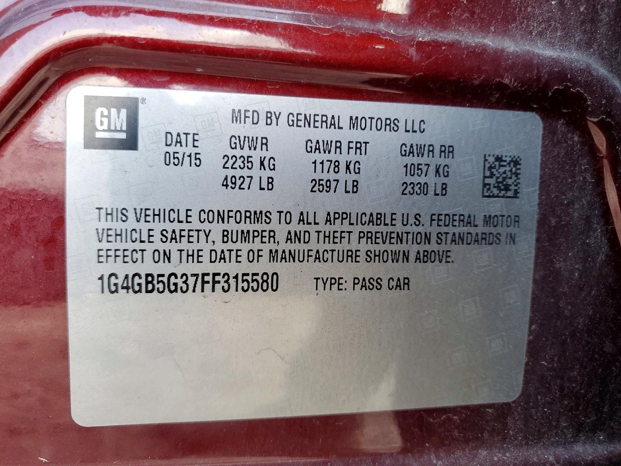 2015 Buick Lacrosse Burgundy vin: 1G4GB5G37FF315580