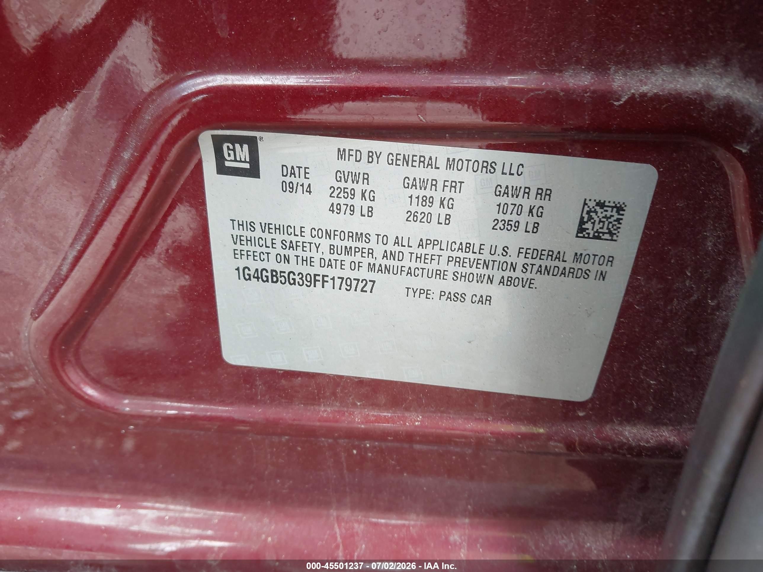 2015 Buick Lacrosse Leather Maroon vin: 1G4GB5G39FF179727