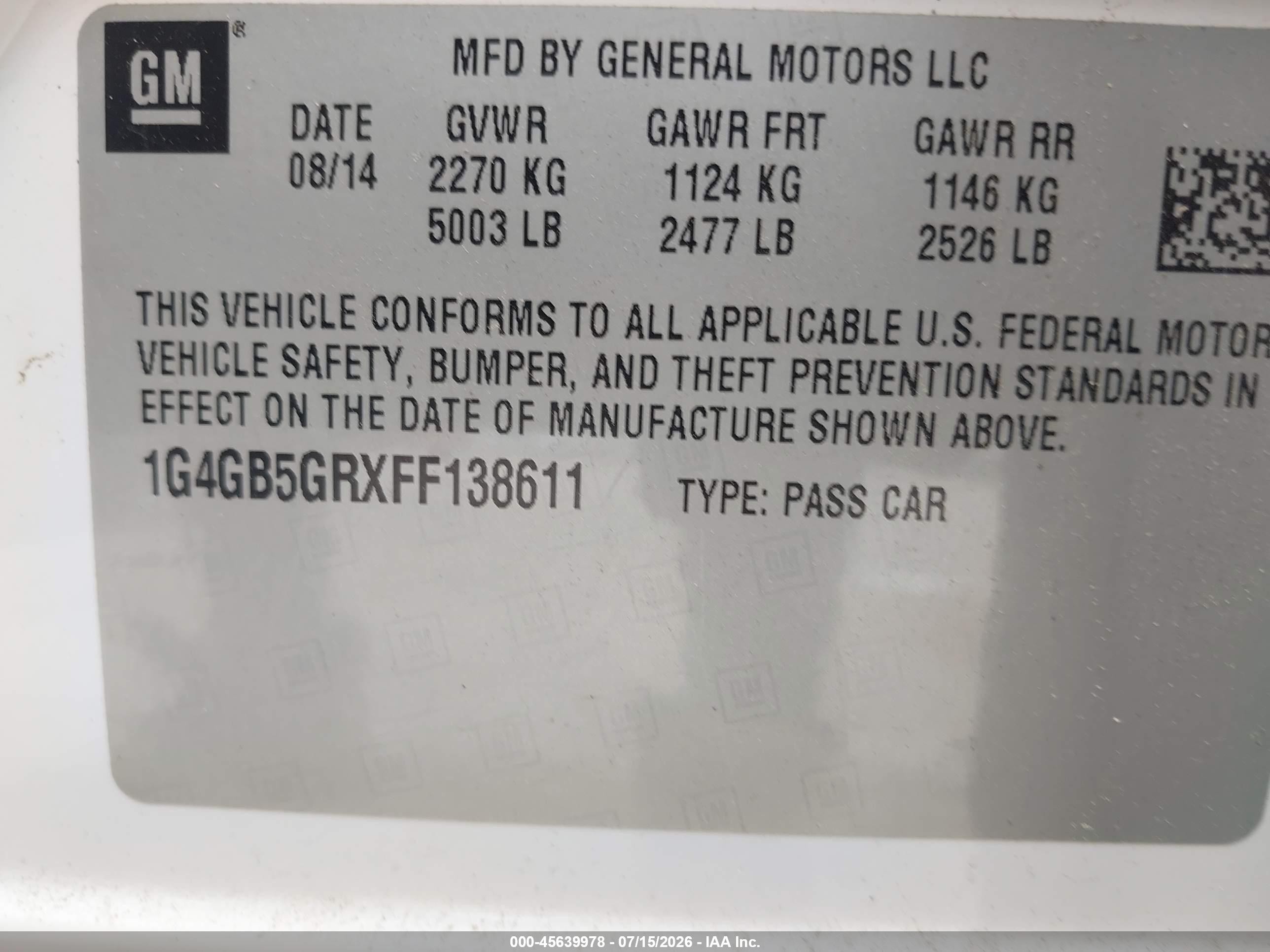 2015 Buick Lacrosse Leather White vin: 1G4GB5GRXFF138611