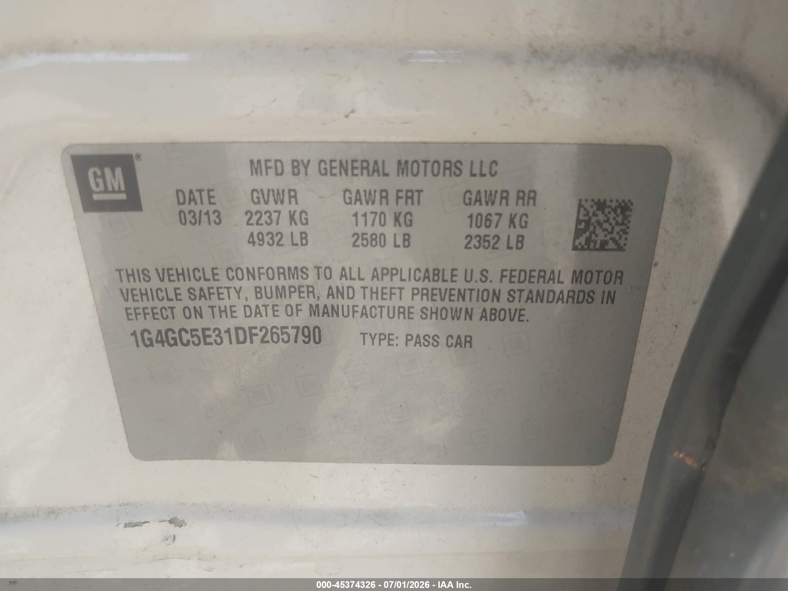 2013 Buick Lacrosse Leather Group White vin: 1G4GC5E31DF265790
