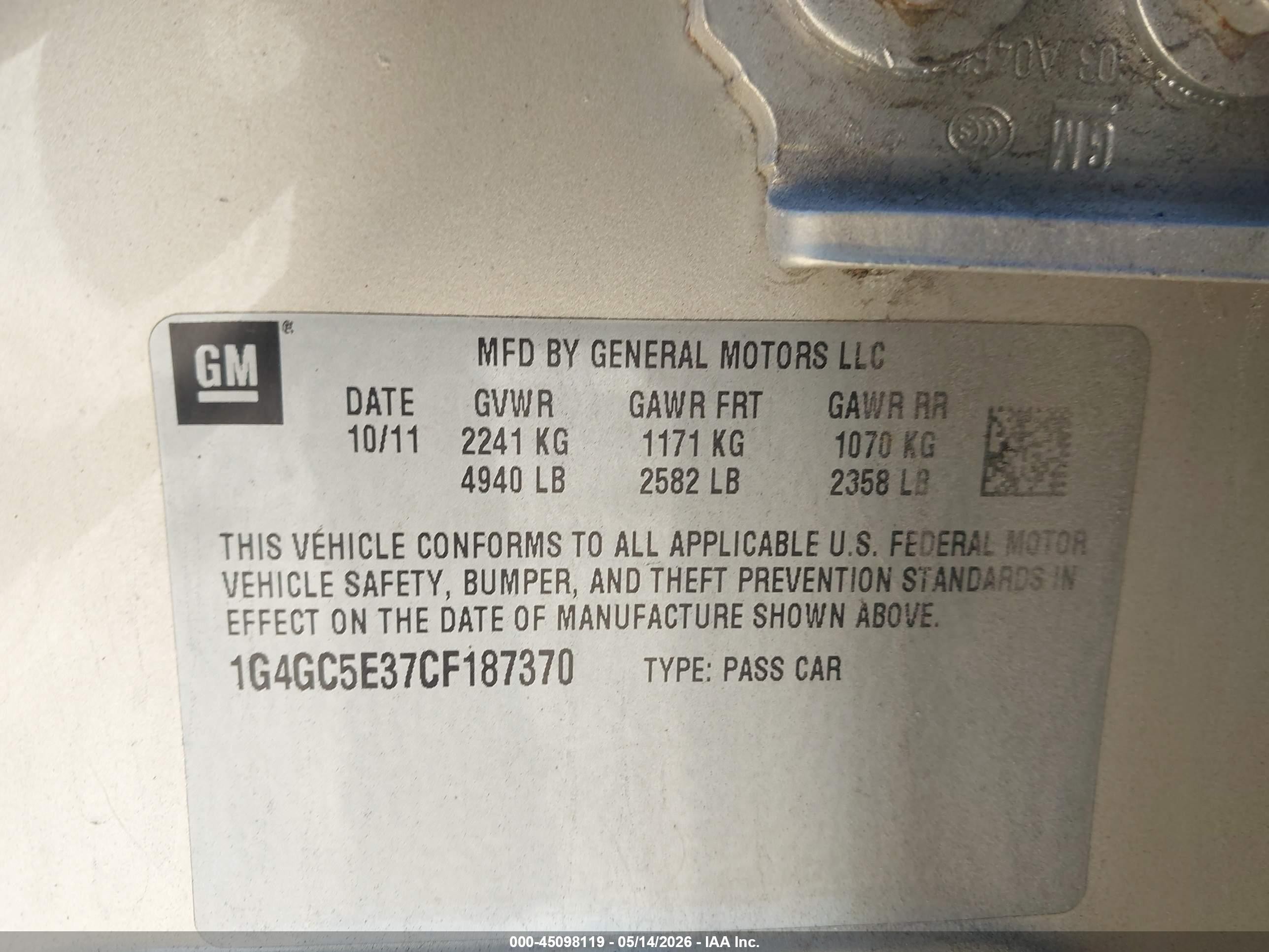 2012 Buick Lacrosse Leather Group Champagne vin: 1G4GC5E37CF187370