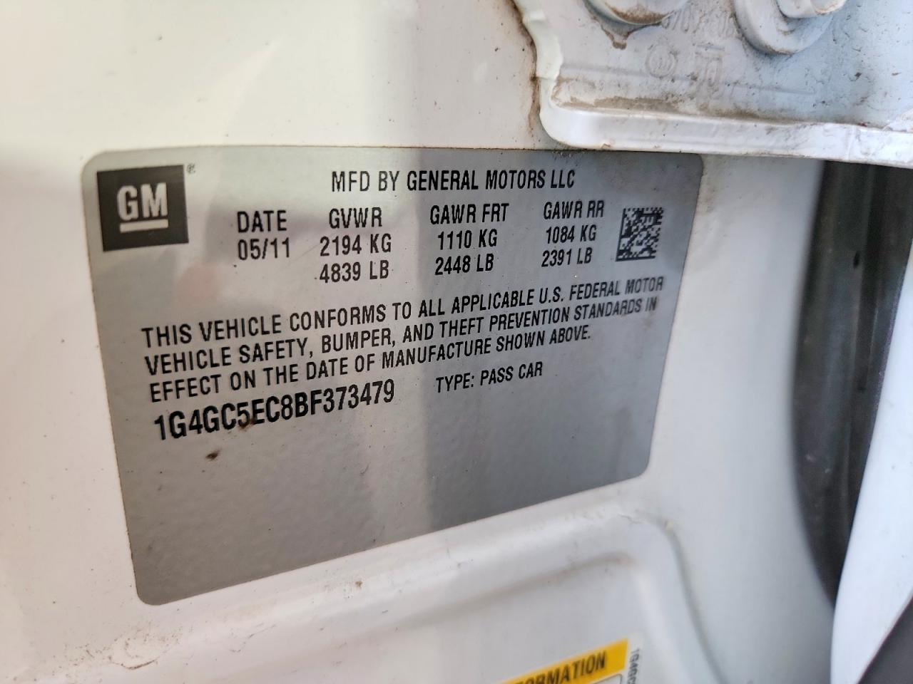 2011 Buick Lacrosse Cxl White vin: 1G4GC5EC8BF373479
