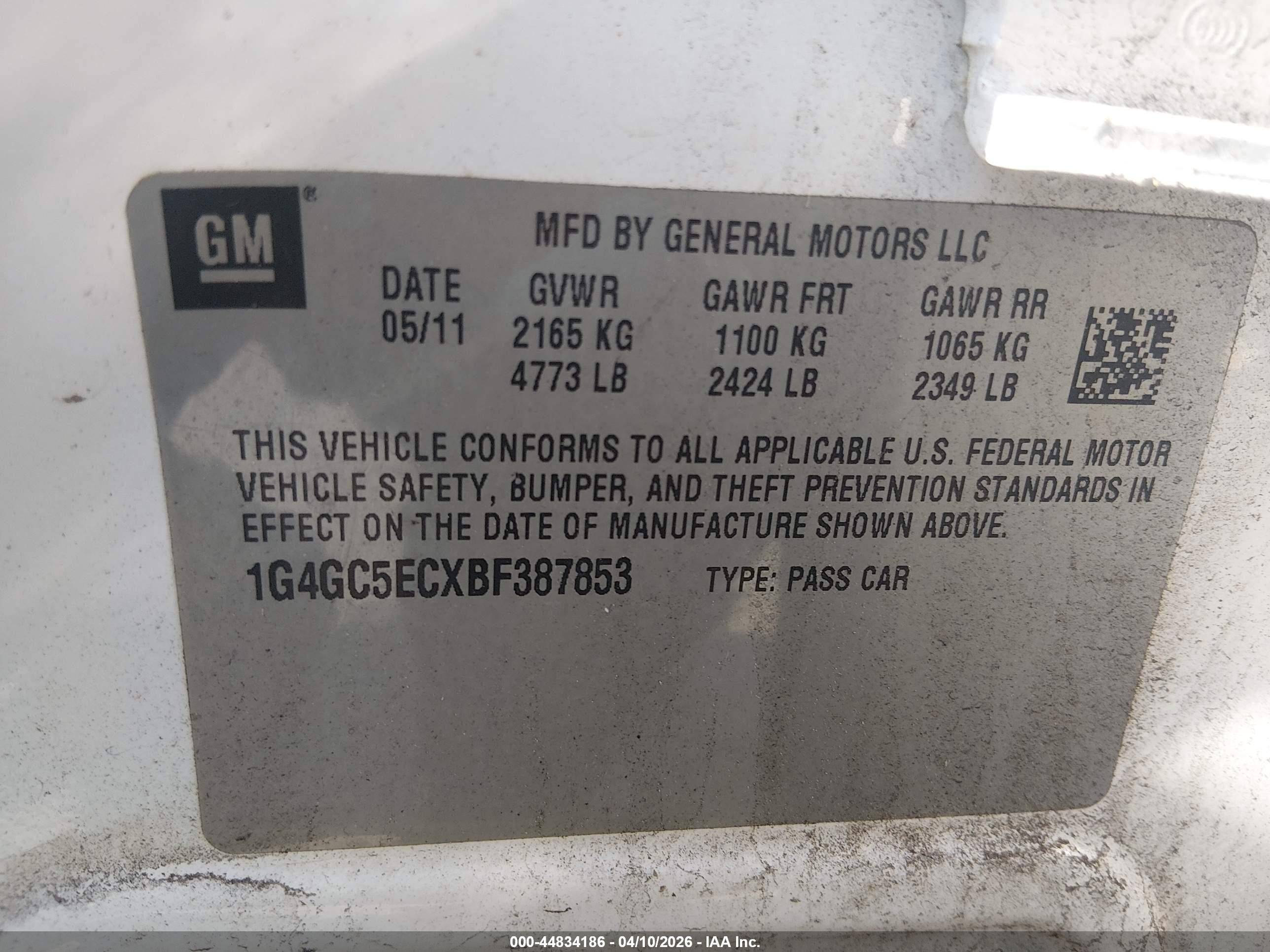 2011 Buick Lacrosse Cxl White vin: 1G4GC5ECXBF387853