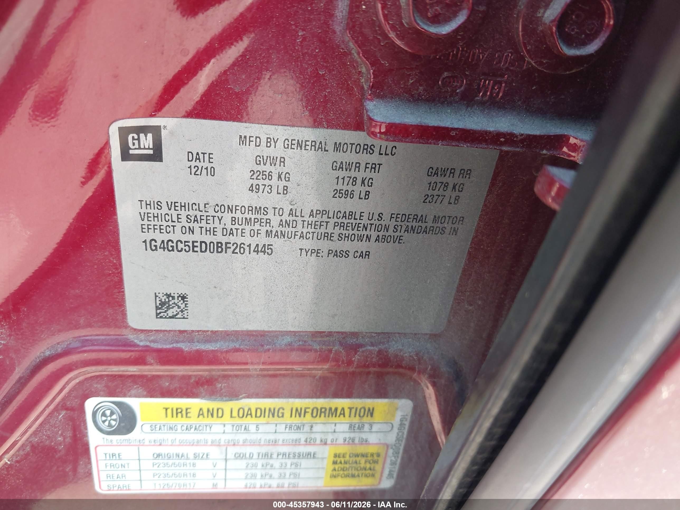 2011 Buick Lacrosse Cxl Burgundy vin: 1G4GC5ED0BF261445