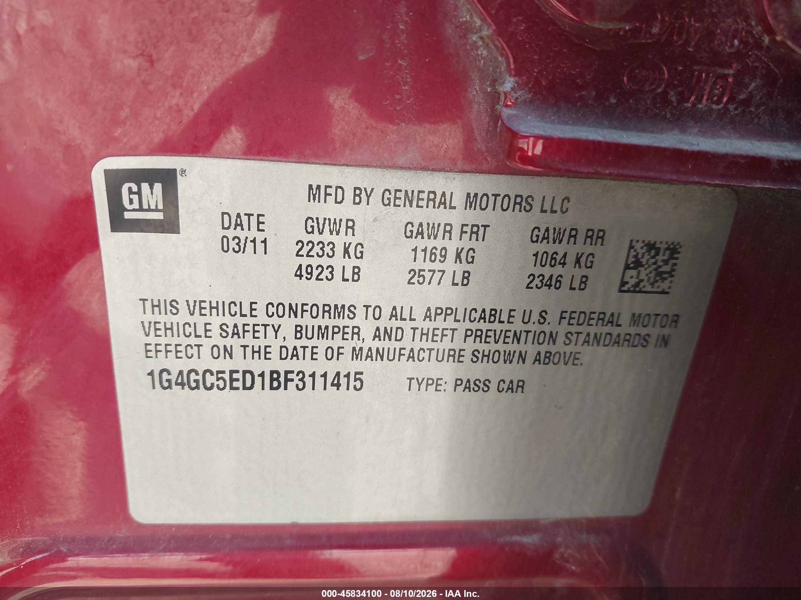 2011 Buick Lacrosse Cxl Red vin: 1G4GC5ED1BF311415