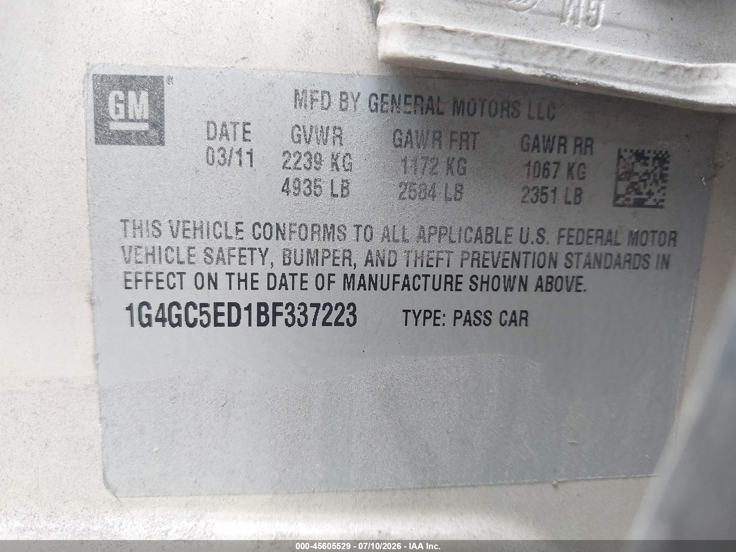 2011 Buick Lacrosse Cxl Champagne vin: 1G4GC5ED1BF337223
