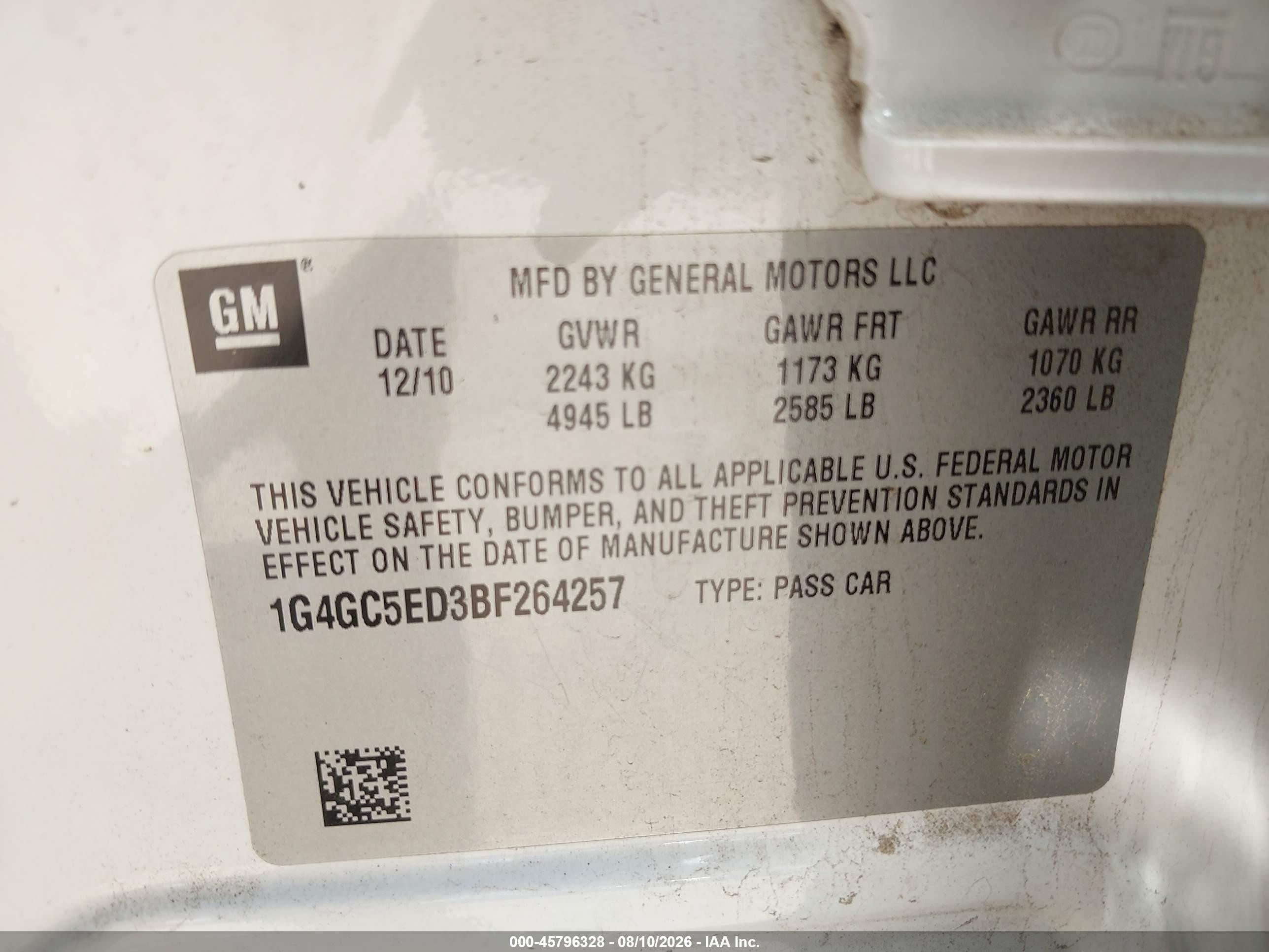 2011 Buick Lacrosse Cxl White vin: 1G4GC5ED3BF264257
