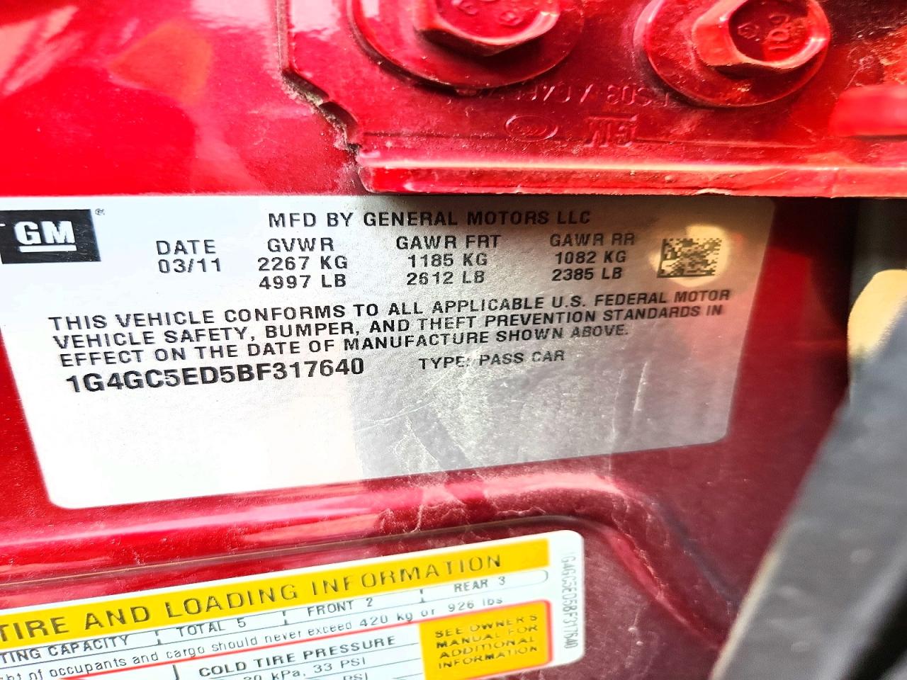 2011 Buick Lacrosse Cxl Red vin: 1G4GC5ED5BF317640