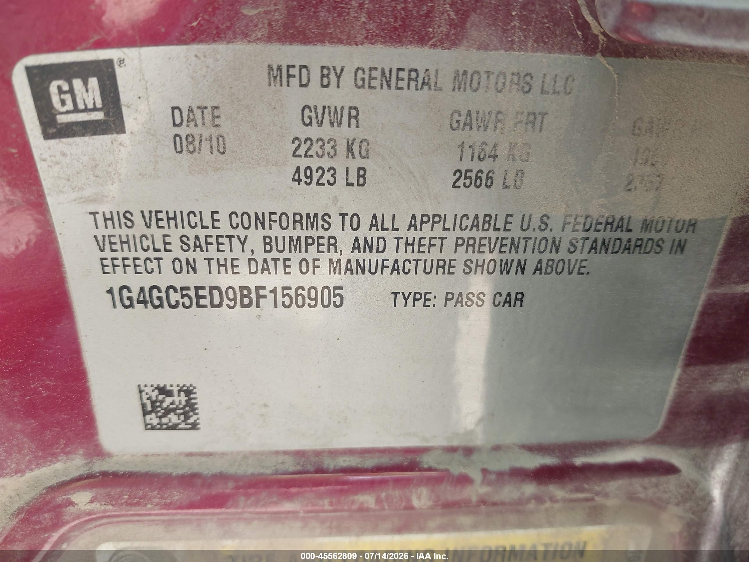 2011 Buick Lacrosse Cxl Burgundy vin: 1G4GC5ED9BF156905