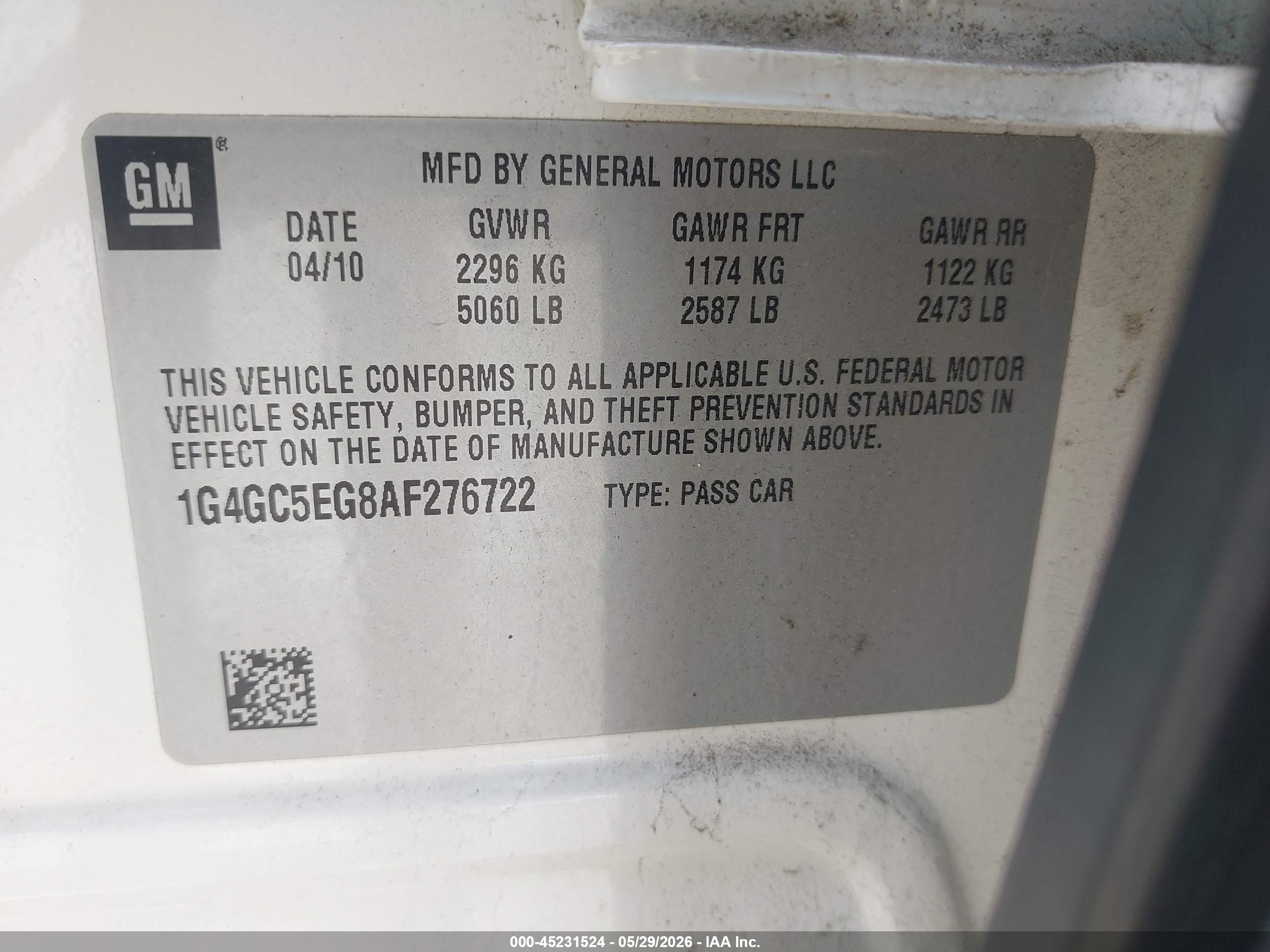2010 Buick Lacrosse Cxl White vin: 1G4GC5EG8AF276722