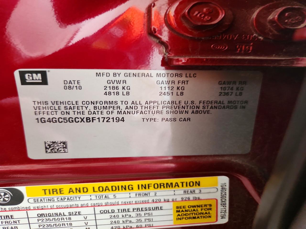 2011 Buick Lacrosse Cxl Red vin: 1G4GC5GCXBF172194