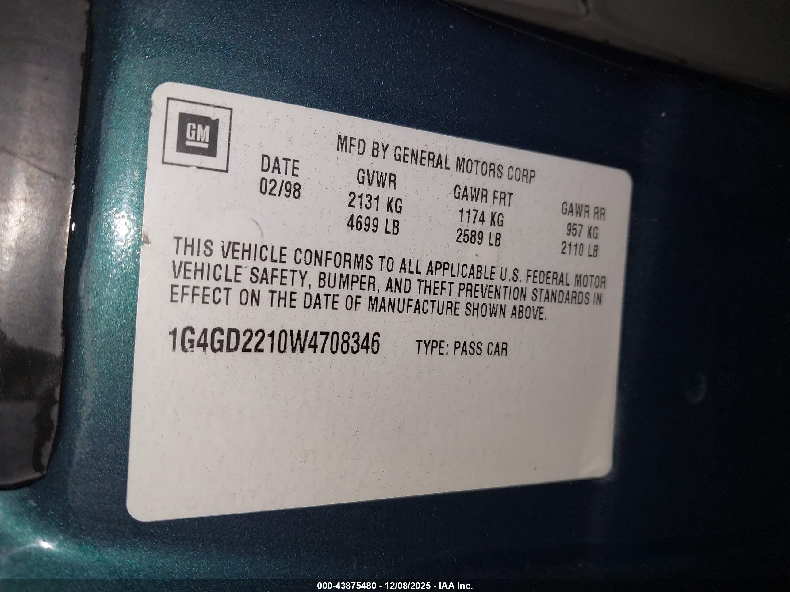 1998 Buick Riviera Base Cmi Green vin: 1G4GD2210W4708346