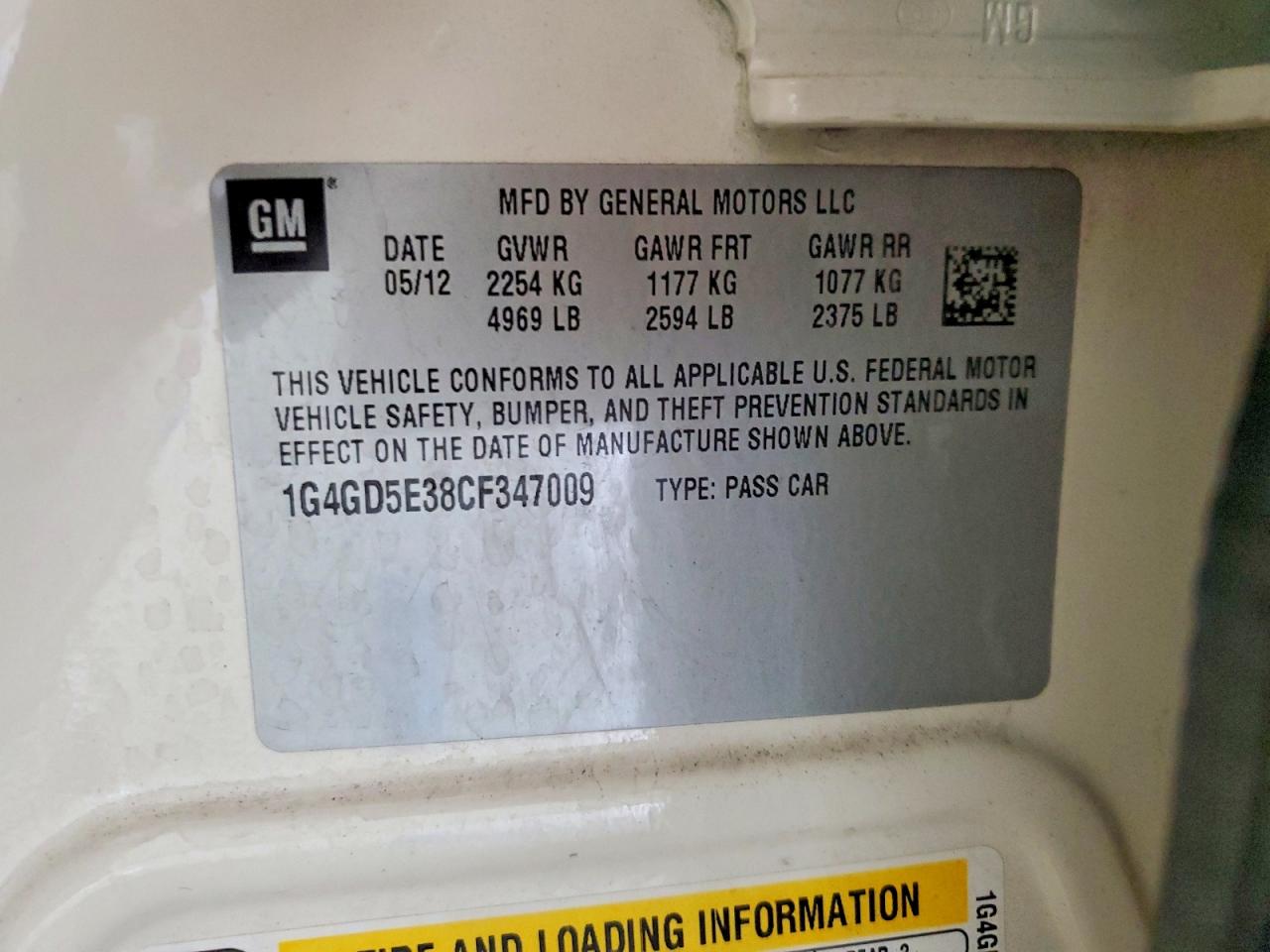 2012 Buick Lacrosse Premium White vin: 1G4GD5E38CF347009