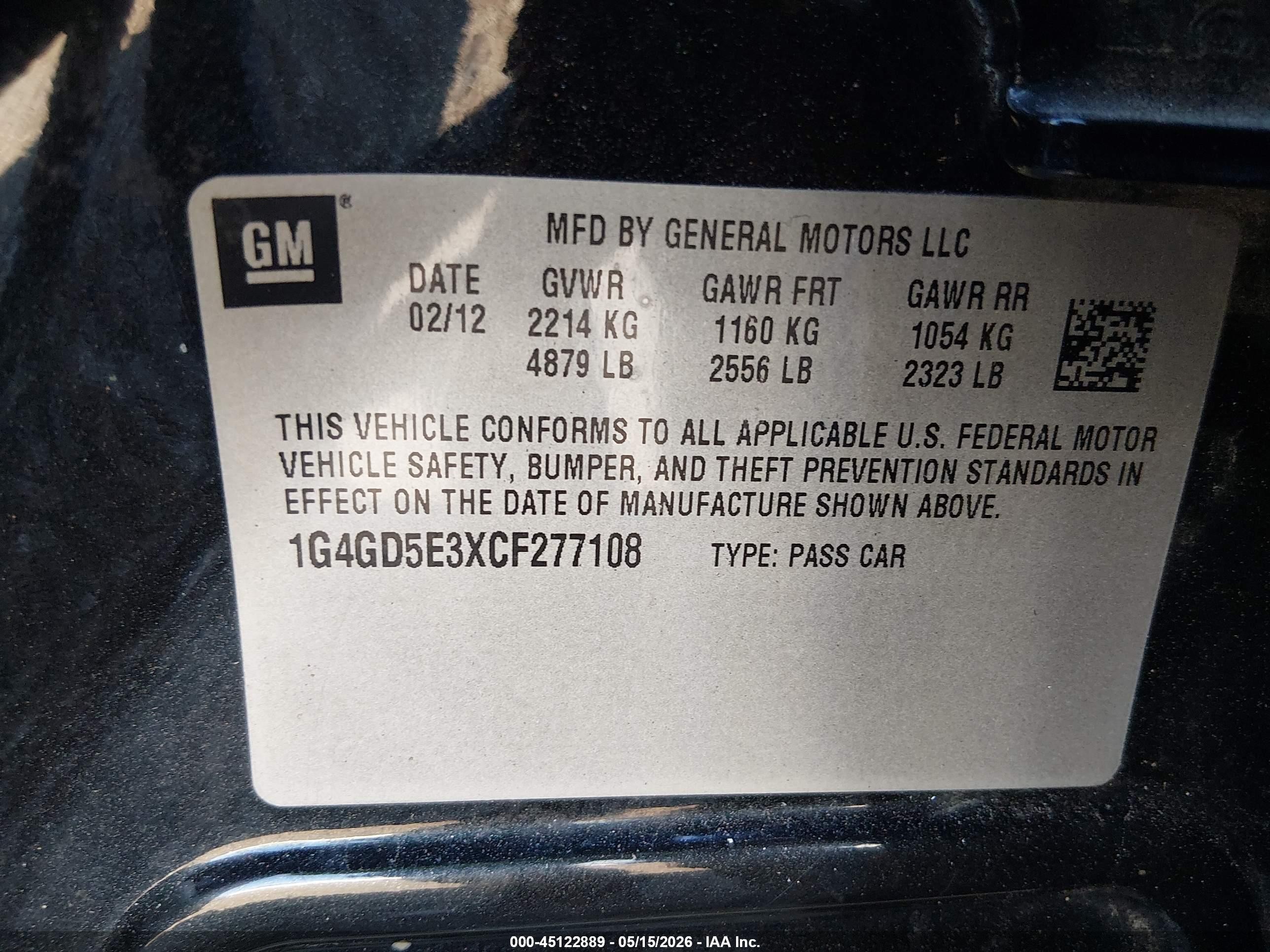 2012 Buick Lacrosse Premium 1 Group Black vin: 1G4GD5E3XCF277108