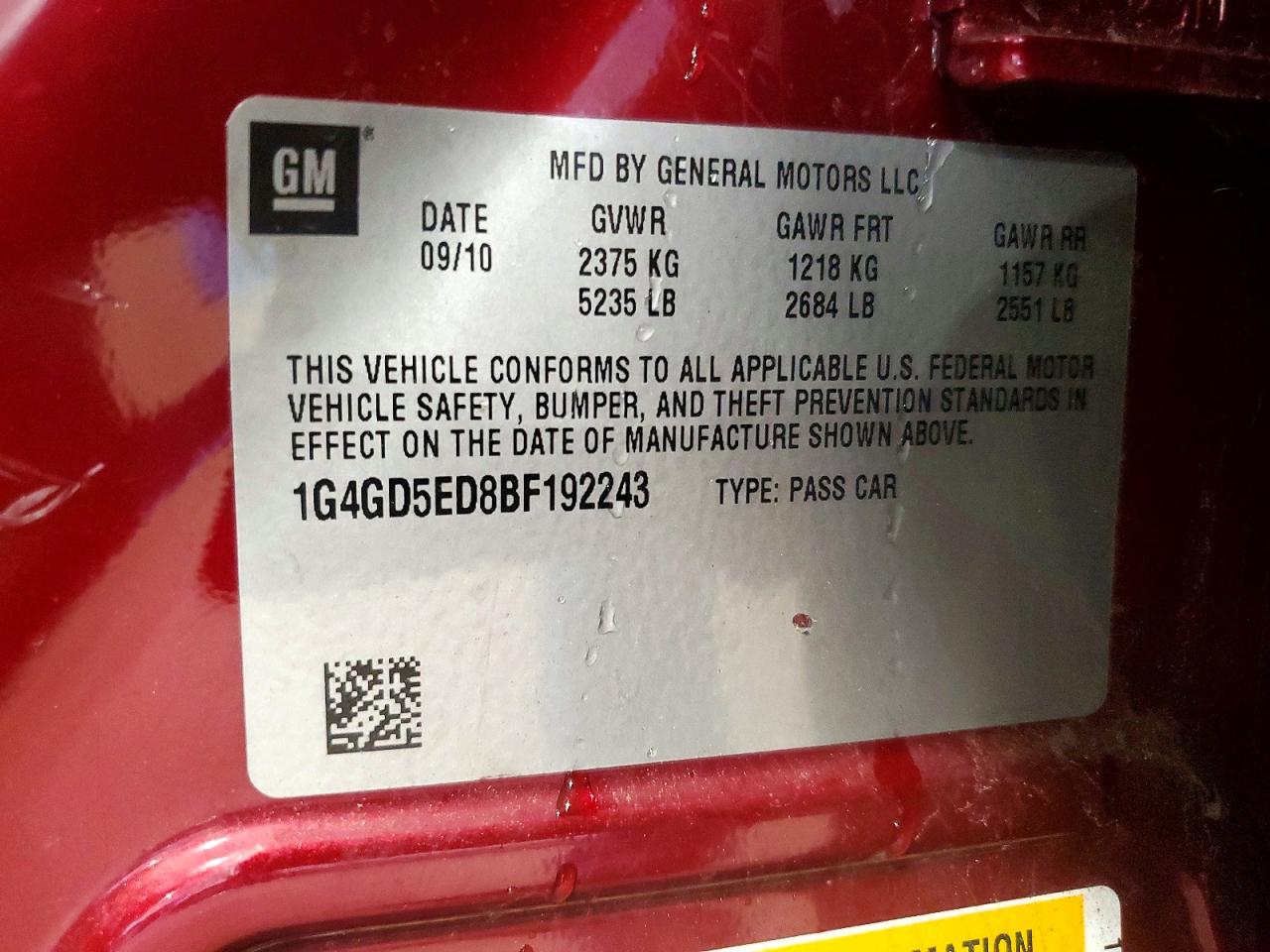 2011 Buick Lacrosse Cxl Red vin: 1G4GD5ED8BF192243