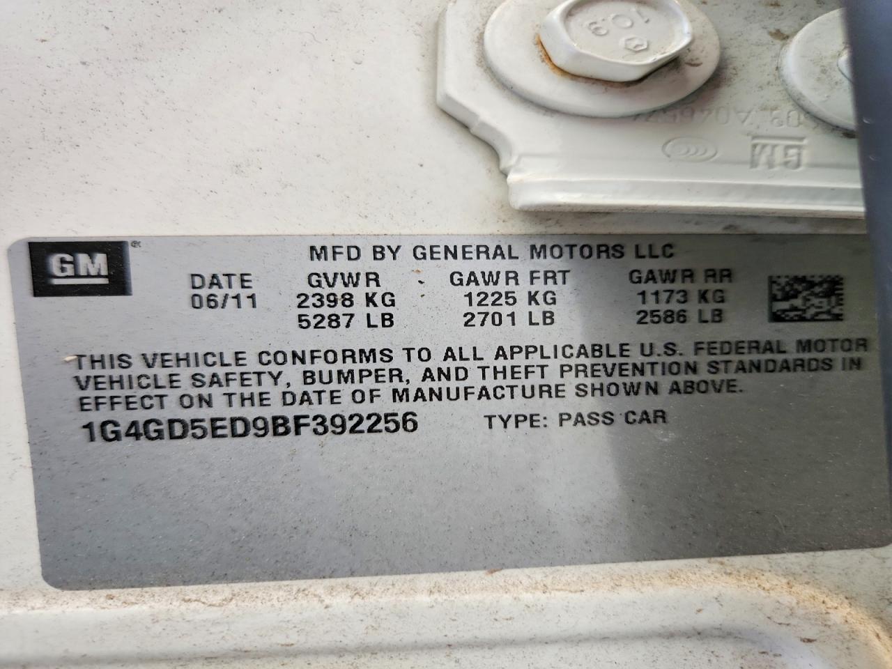 2011 Buick Lacrosse Cxl White vin: 1G4GD5ED9BF392256