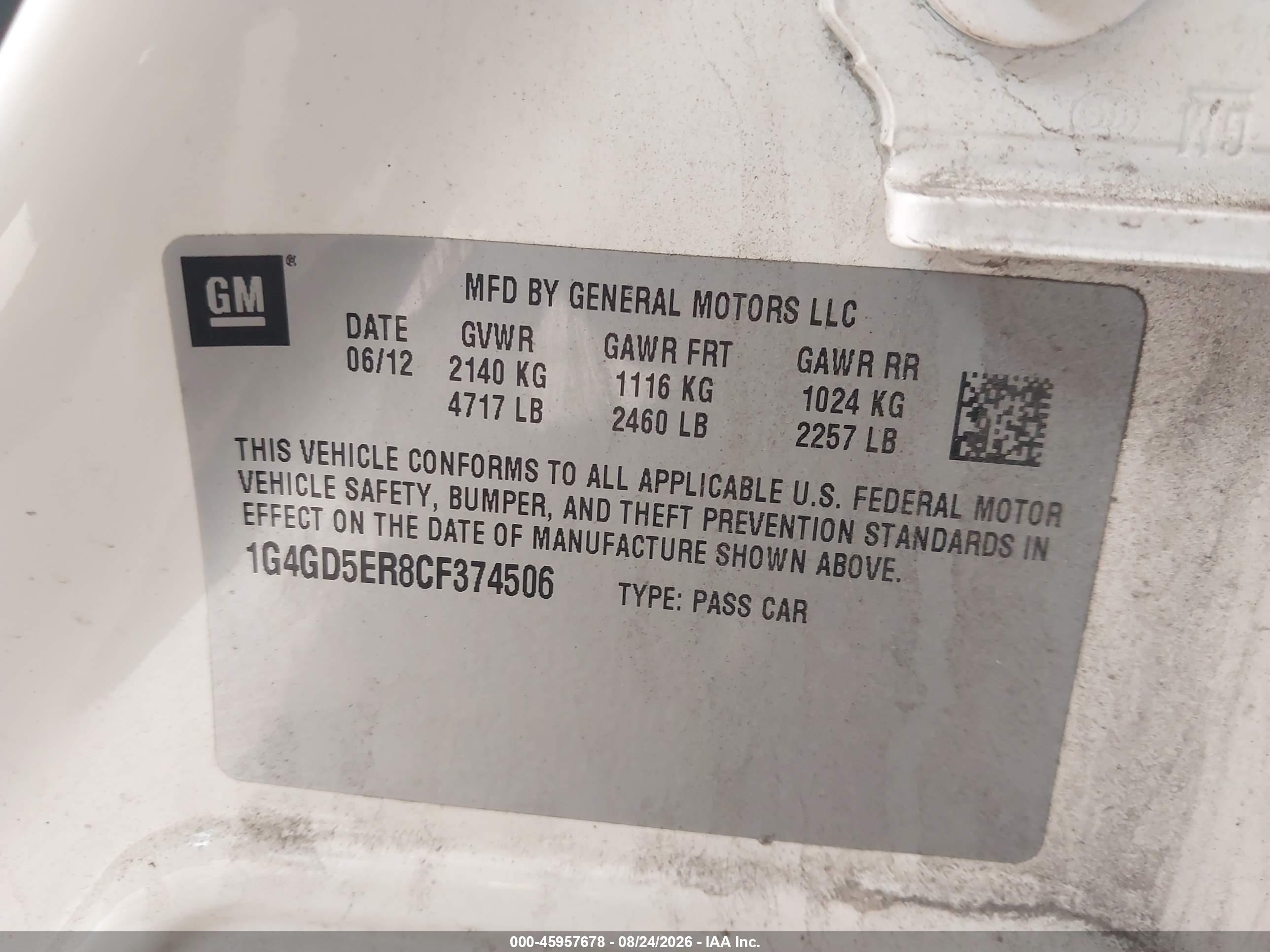 2012 Buick Lacrosse Premium 1 Group Белый vin: 1G4GD5ER8CF374506