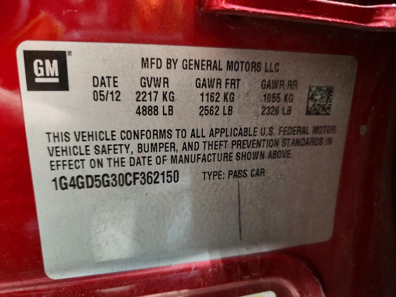 2012 Buick Lacrosse Premium Red vin: 1G4GD5G30CF362150