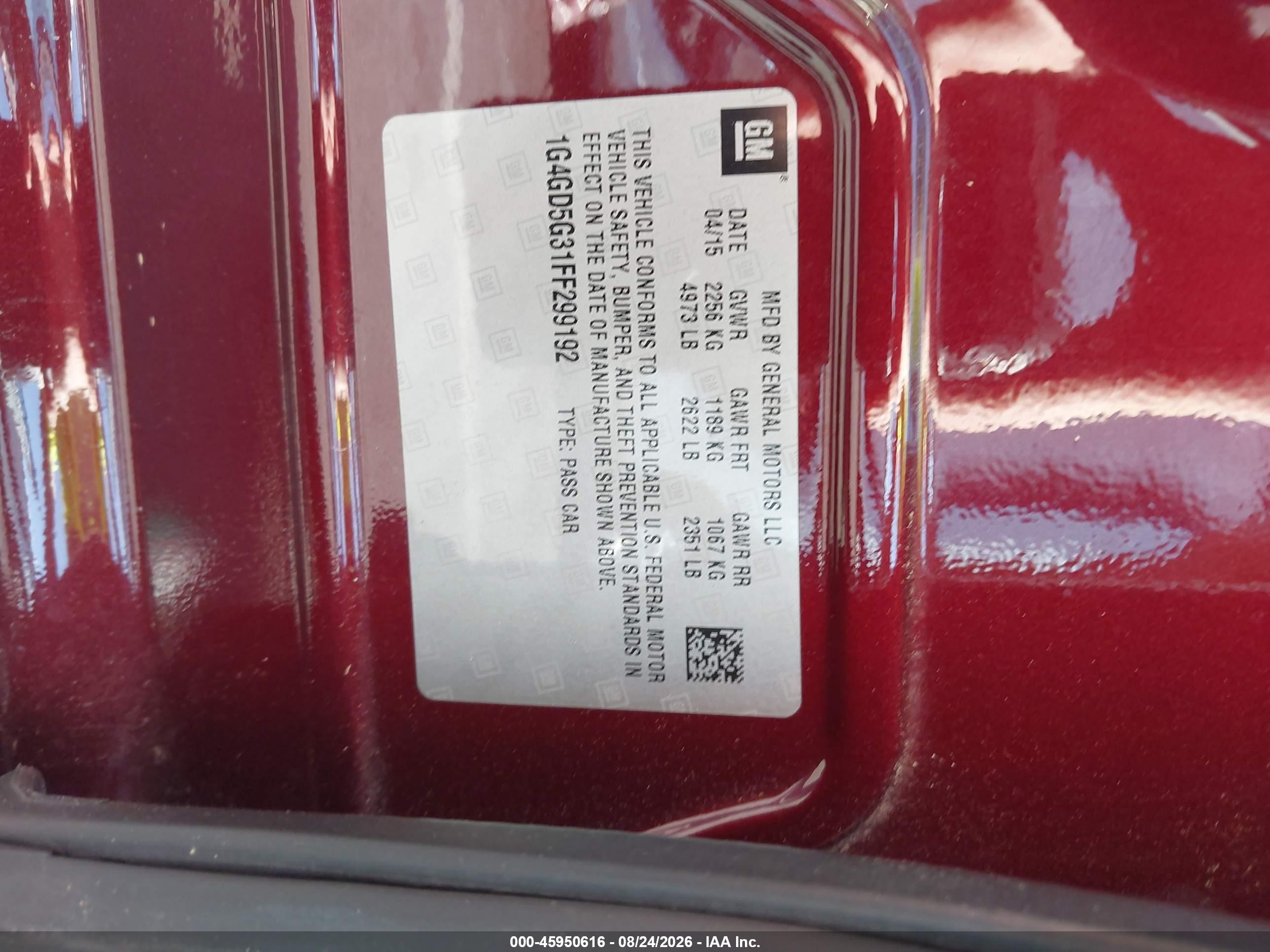 2015 Buick Lacrosse Premium I Red vin: 1G4GD5G31FF299192