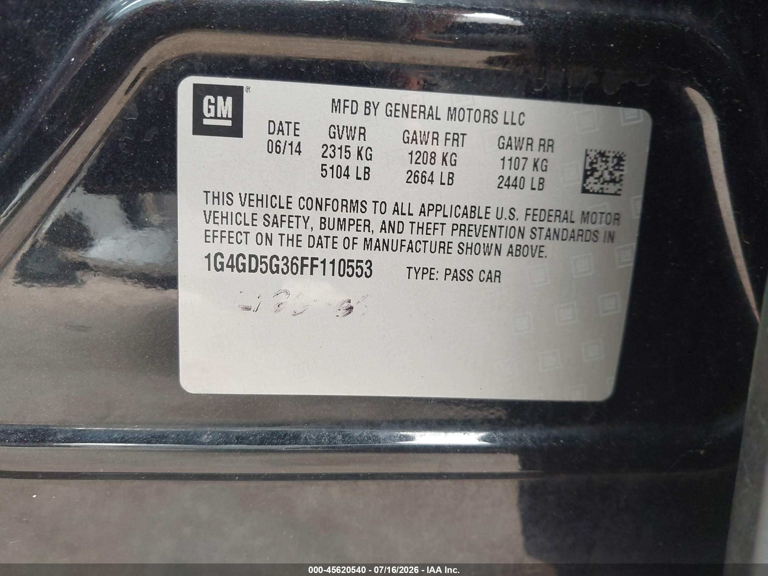 2015 Buick Lacrosse   Black vin: 1G4GD5G36FF110553