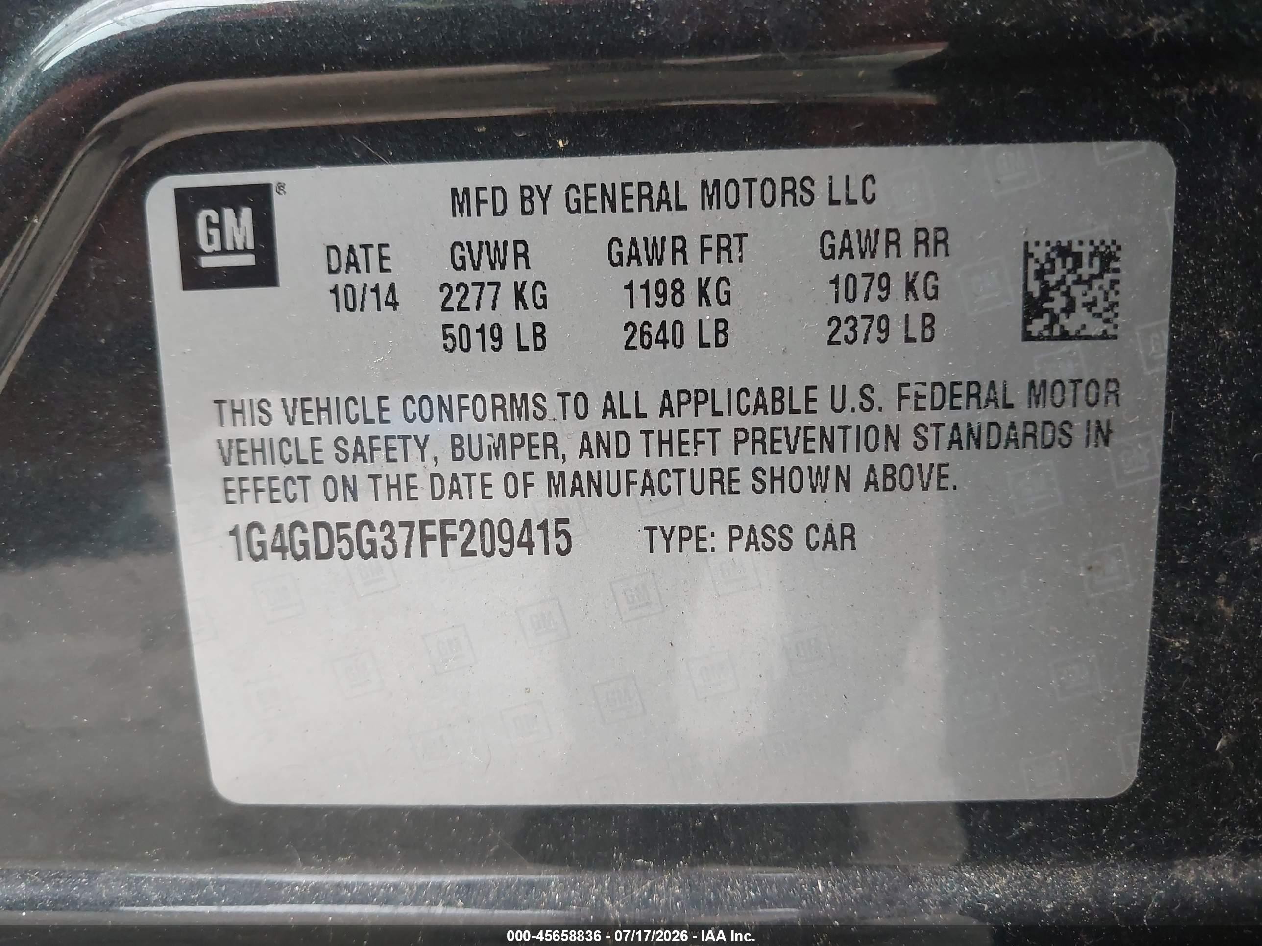 2015 Buick Lacrosse Premium I Gray vin: 1G4GD5G37FF209415