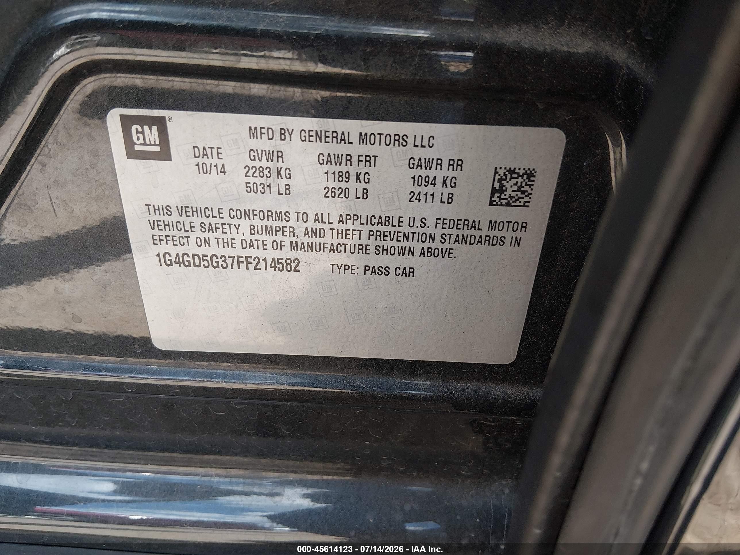 2015 Buick Lacrosse Premium I Black vin: 1G4GD5G37FF214582