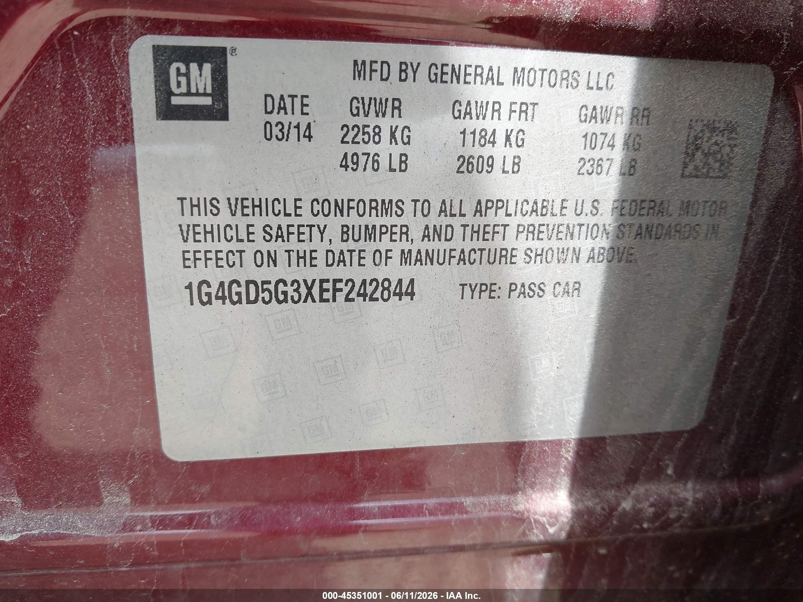 2014 Buick Lacrosse Premium I Group Burgundy vin: 1G4GD5G3XEF242844