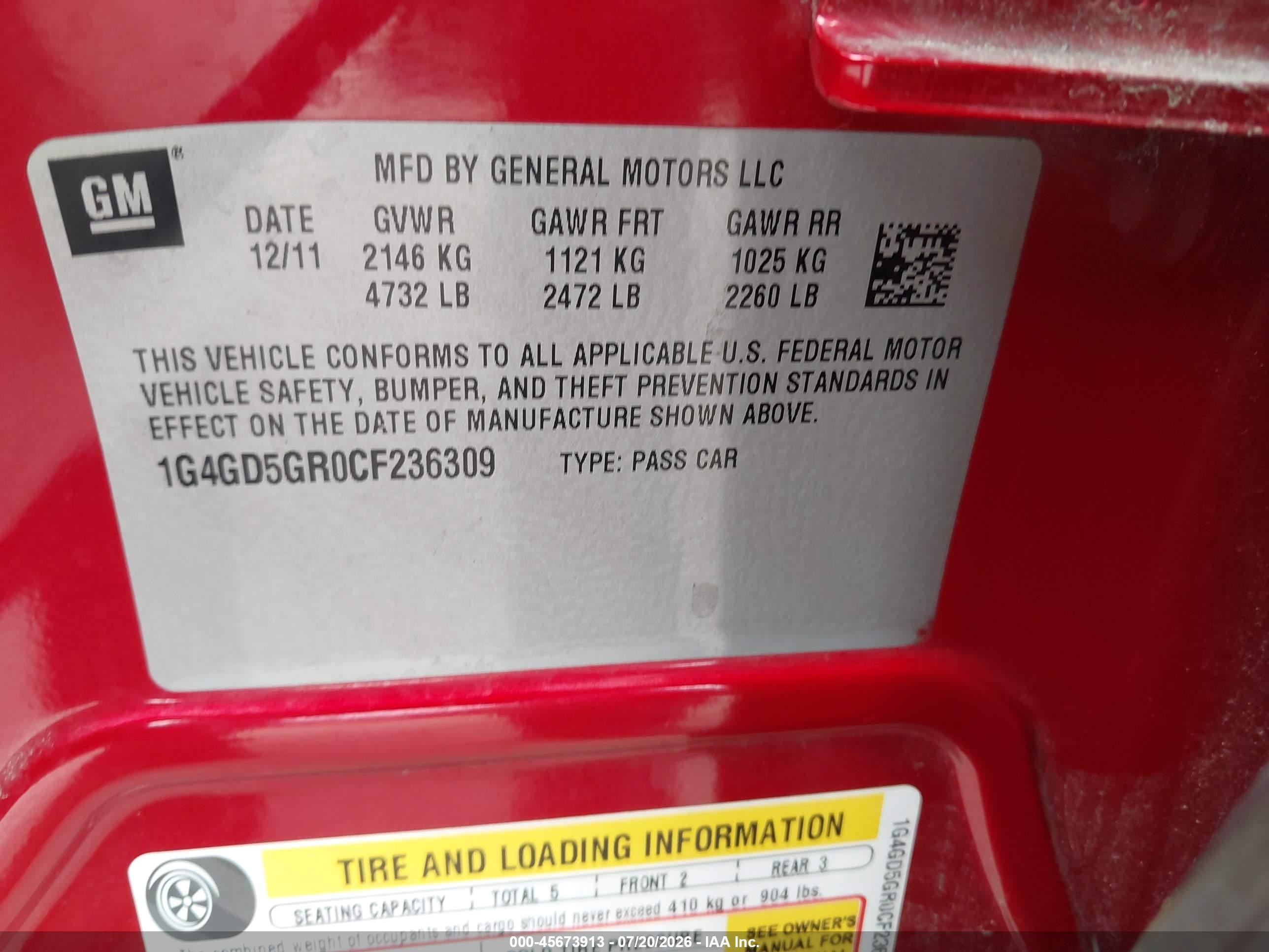 2012 Buick Lacrosse Premium 1 Group Red vin: 1G4GD5GR0CF236309