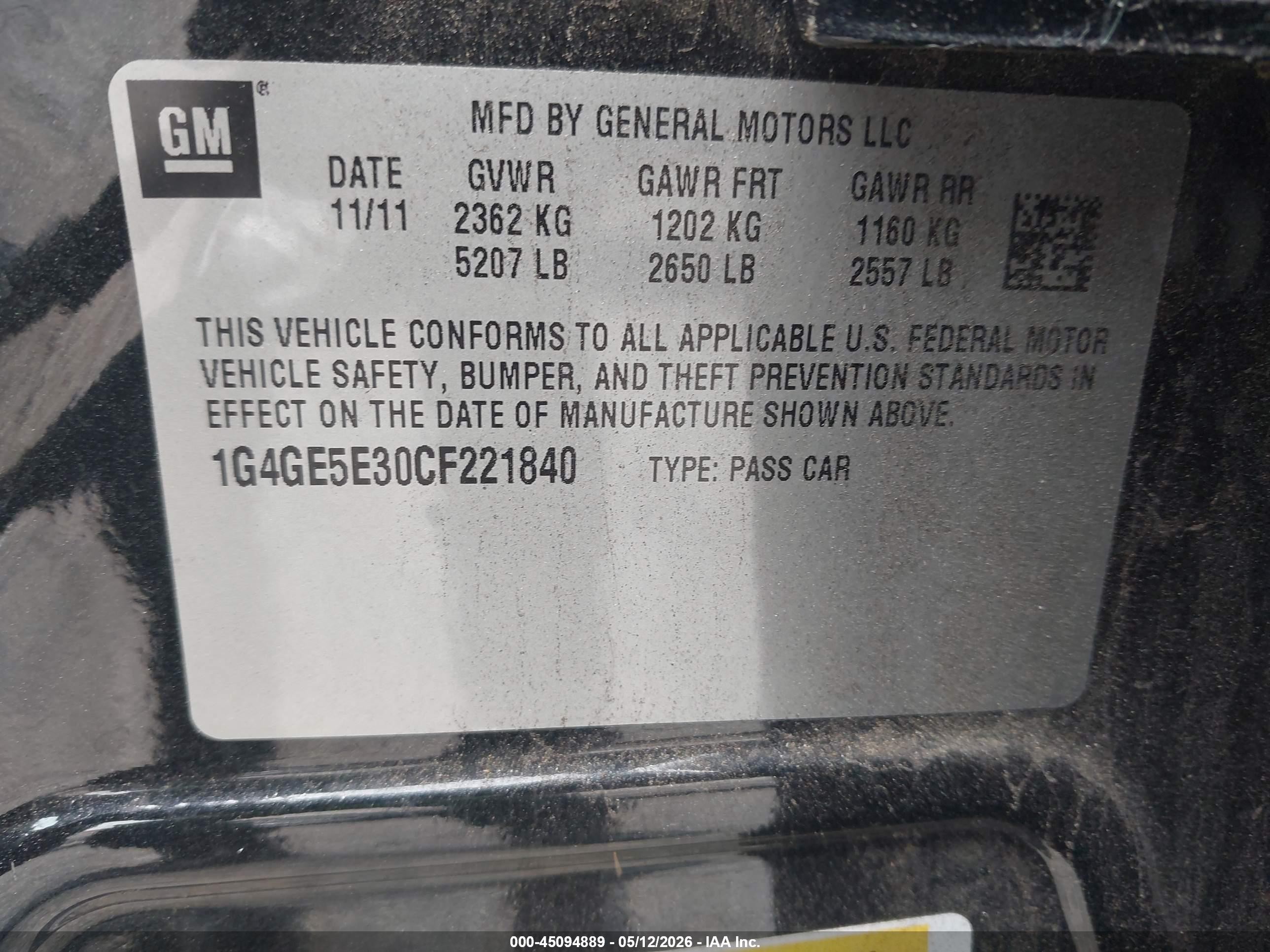 2012 Buick Lacrosse Premium 1 Group Black vin: 1G4GE5E30CF221840