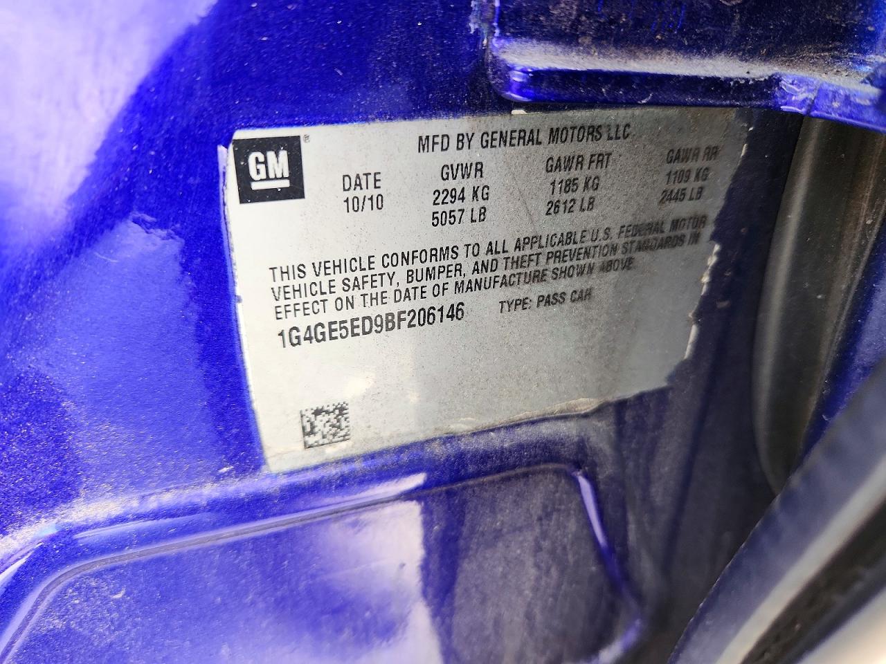 2011 Buick Lacrosse Cxs Blue vin: 1G4GE5ED9BF206146