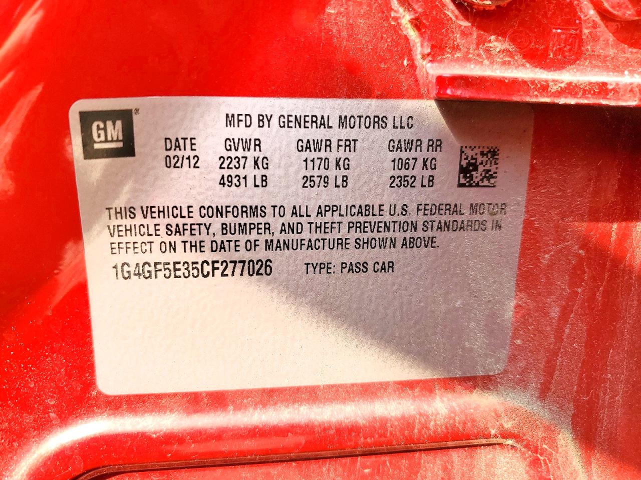 2012 Buick Lacrosse Premium Red vin: 1G4GF5E35CF277026