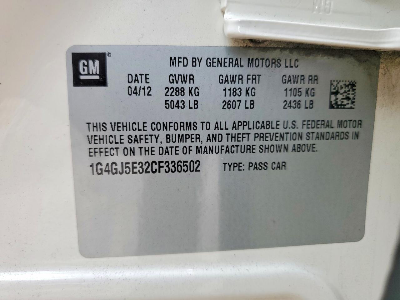 2012 Buick Lacrosse Touring White vin: 1G4GJ5E32CF336502