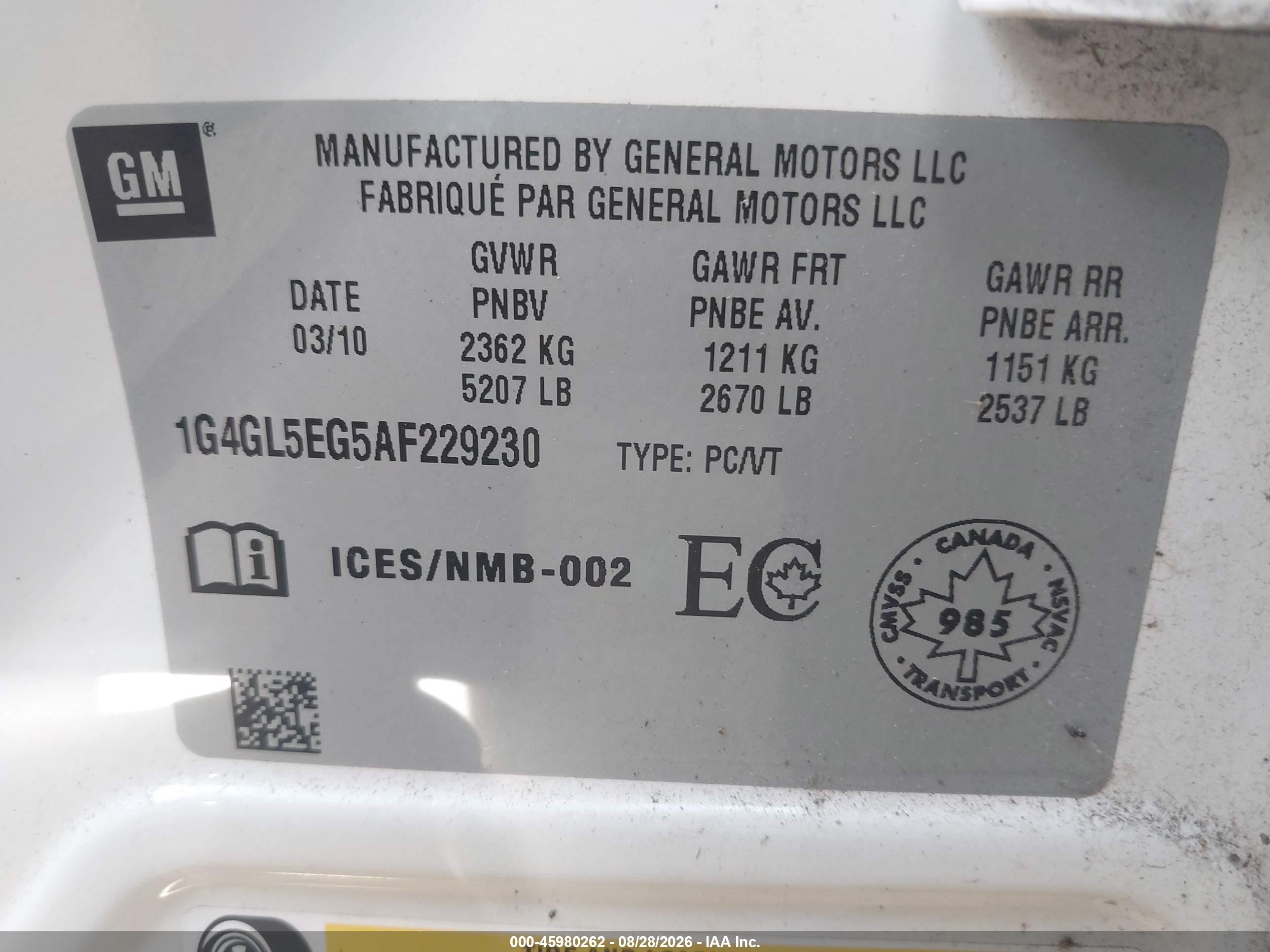 2010 Buick Lacrosse Cxl White vin: 1G4GL5EG5AF229230